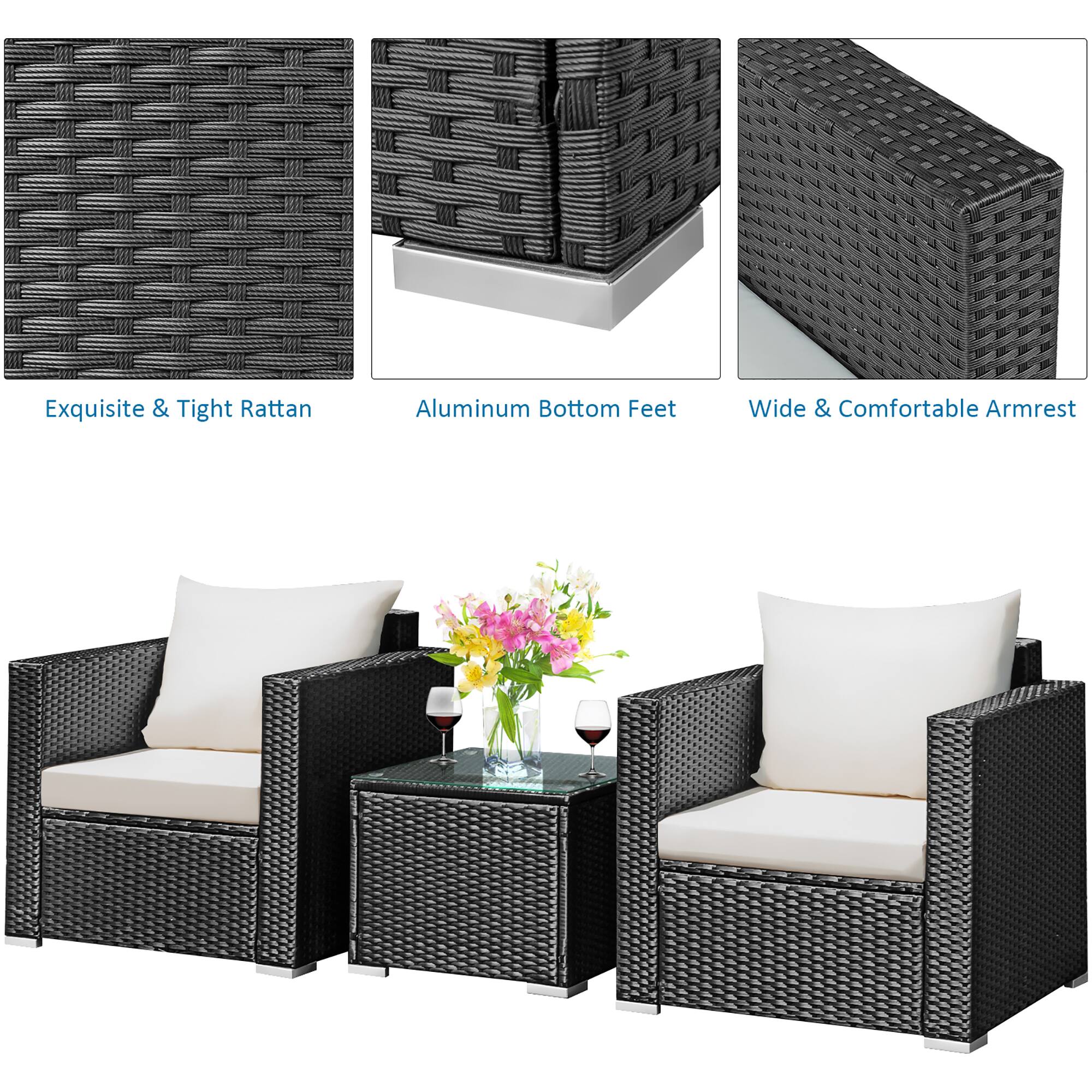 The text on the image is grouped as follows:

1. Exquisite & Tight Rattan
2. Aluminum Bottom Feet
3. Wide & Comfortable Armrest