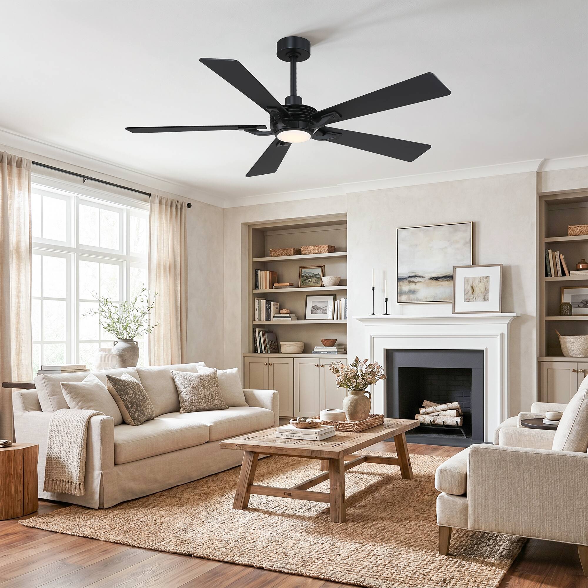Angle. Parrot Uncle - 56" Modern Black 5-Blade Ceiling Fan with Dimmable Light and Remote - Black.