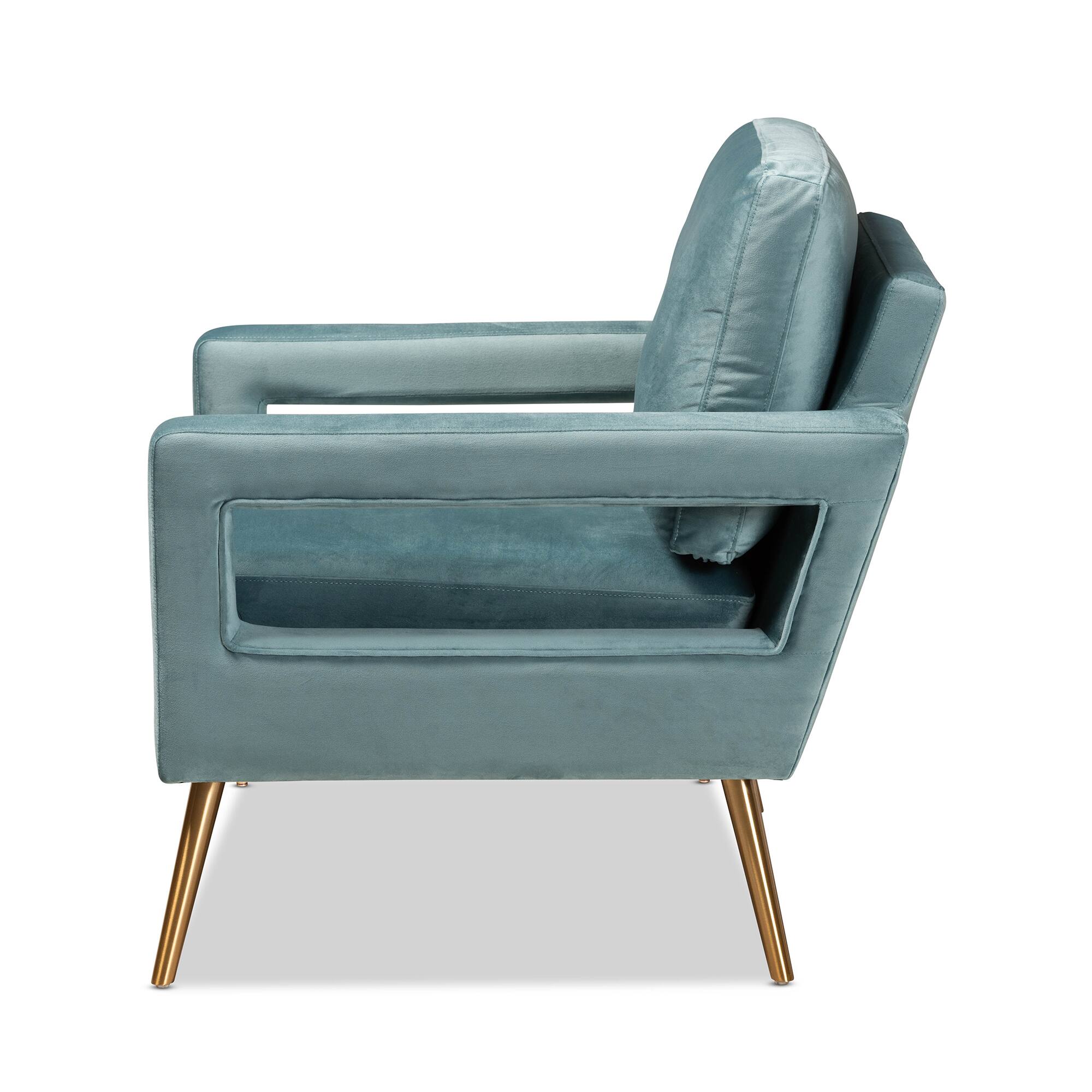 Left. Baxton Studio - Leland Glam and Luxe Velvet Fabric Upholstered and Gold Finished Armchair - Light Blue/Gold.