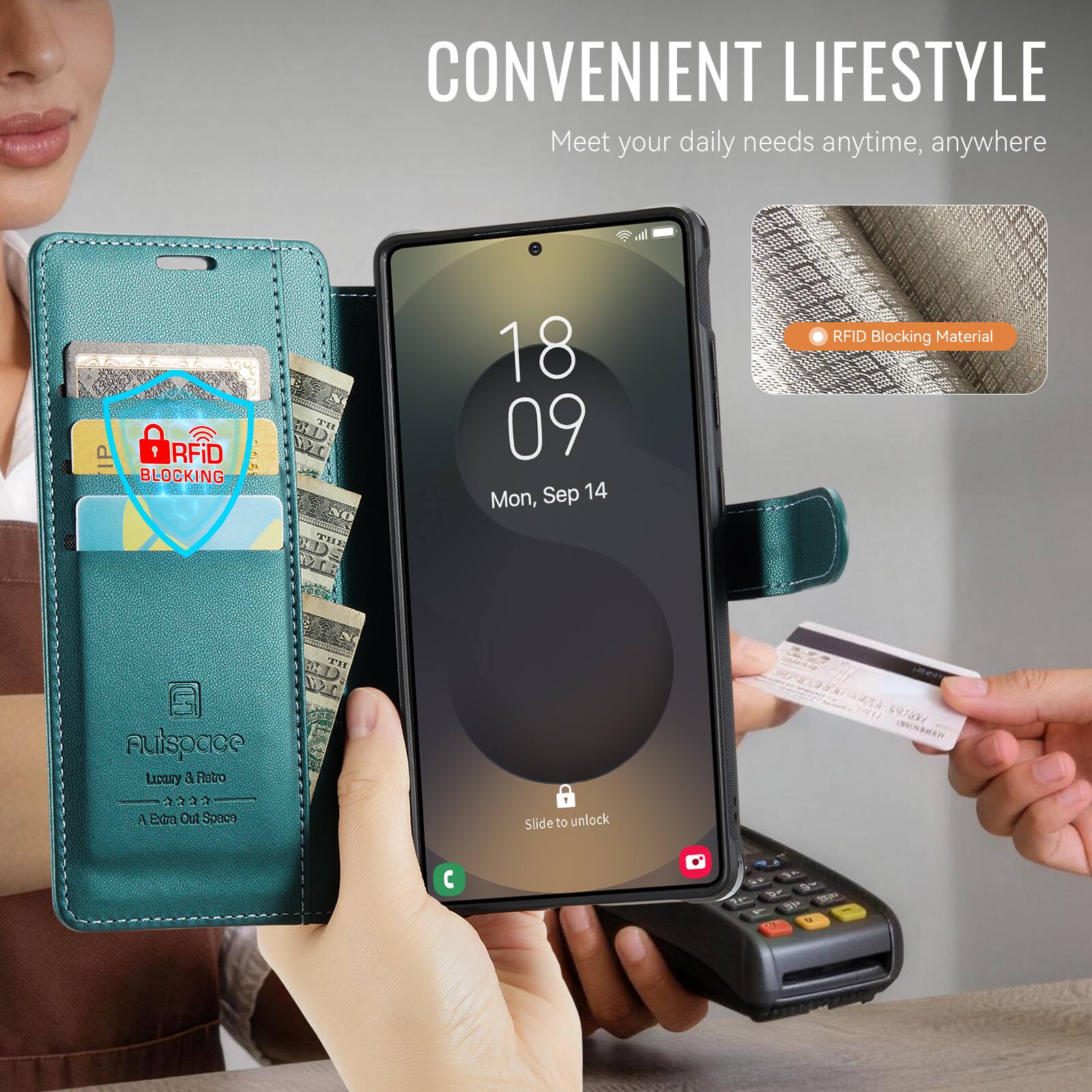 CONVENIENT LIFESTYLE  
Meet your daily needs anytime, anywhere  

RFID BLOCKING  
1.5 CEFC THE DLR 18 09  
Mon, Sep 14  

RFID Blocking Material  

Auispace  
Luxury & Retro  
A Extra Out Space  

Slide to unlock