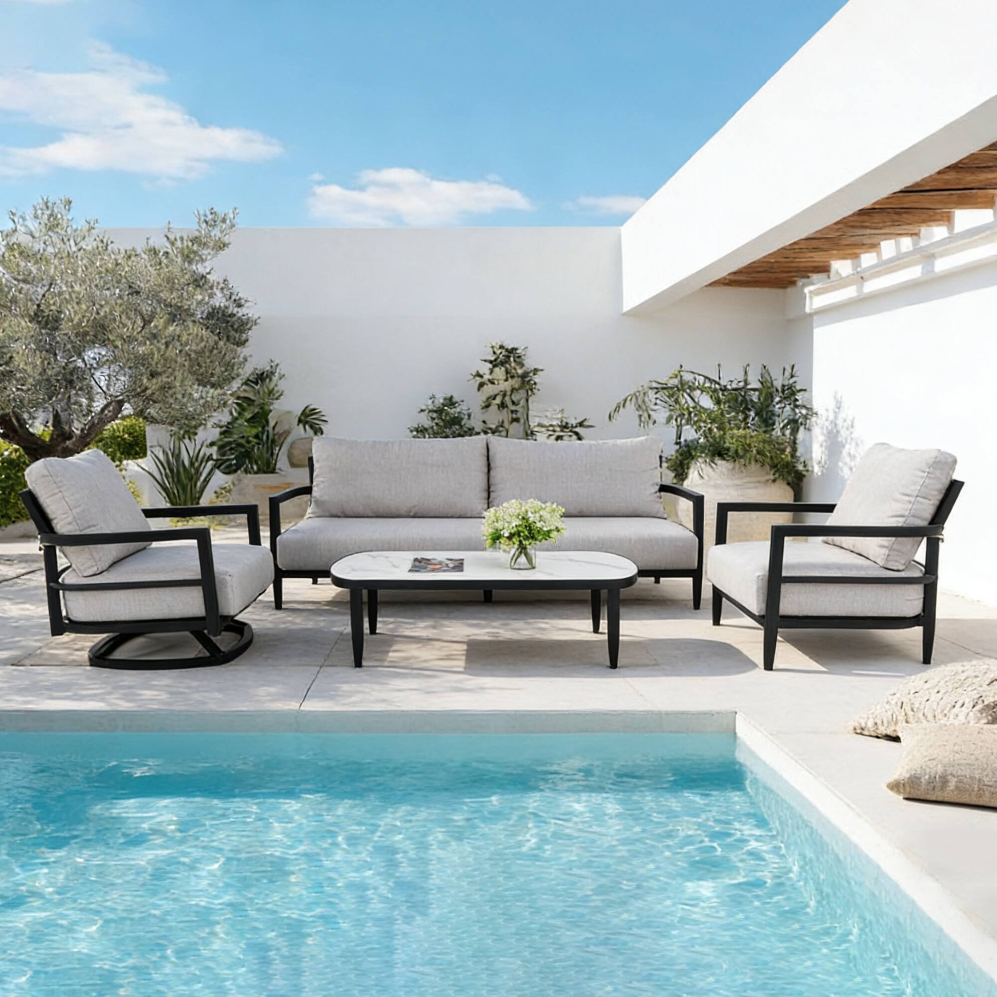 Angle. Mondawe - 4-Piece Outdoor Conversation Set with Swivel Chair, Club Chair, Bench Sofa, Coffee Table, and Sunbrella Cushions - Ember Black+Grey.