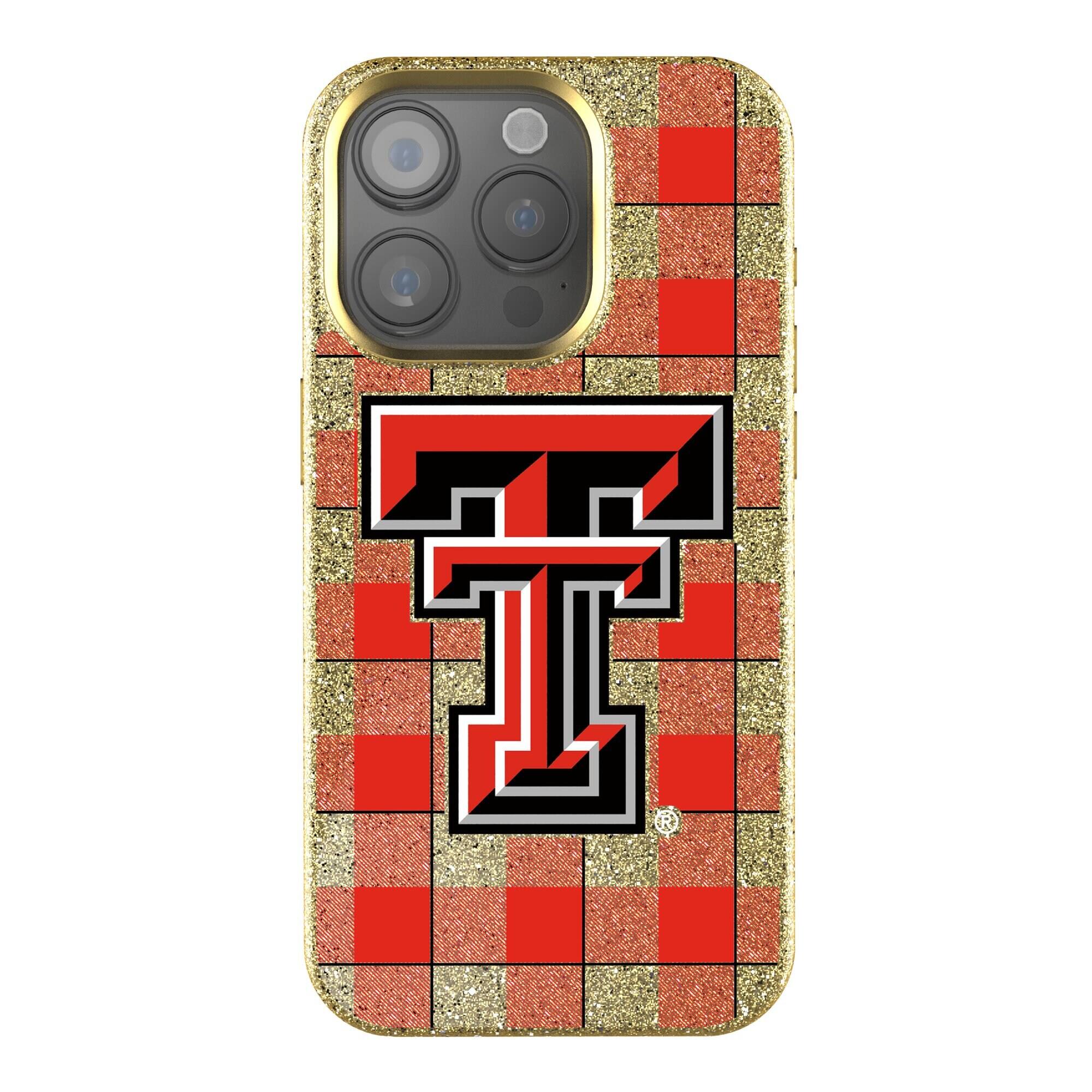 Front. Keyscaper - Texas Tech Red Raiders Plaid Bling iPhone Case - 14 Plus - Gold.