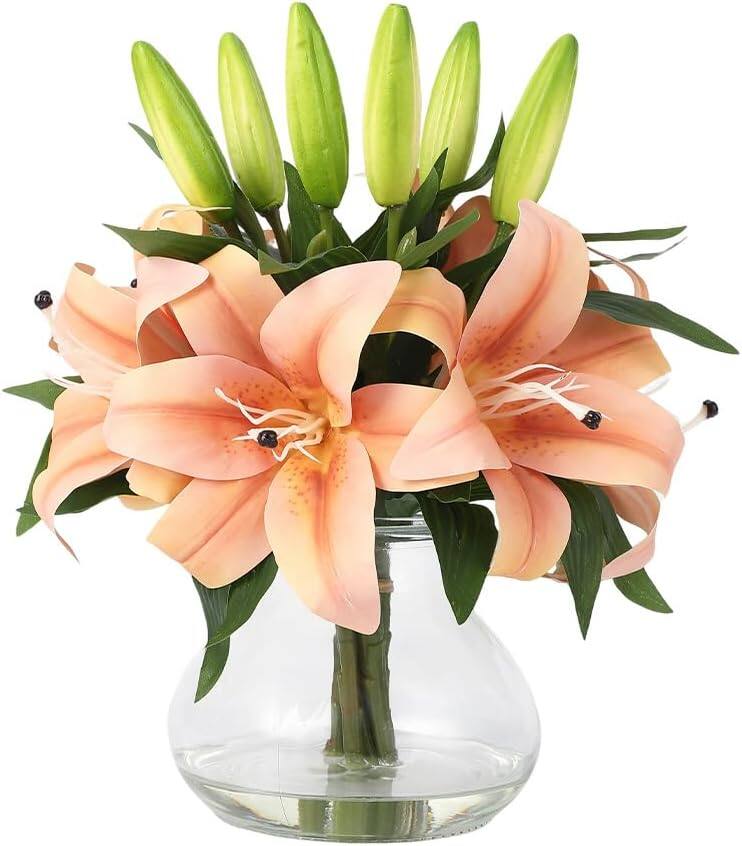 Front. Homhougo - Artificial Lily Flower, Faux Lily Flowers Stems for Vase, Silk Fake Flowers for Home Table Office Wedding Party Decor - Orange.