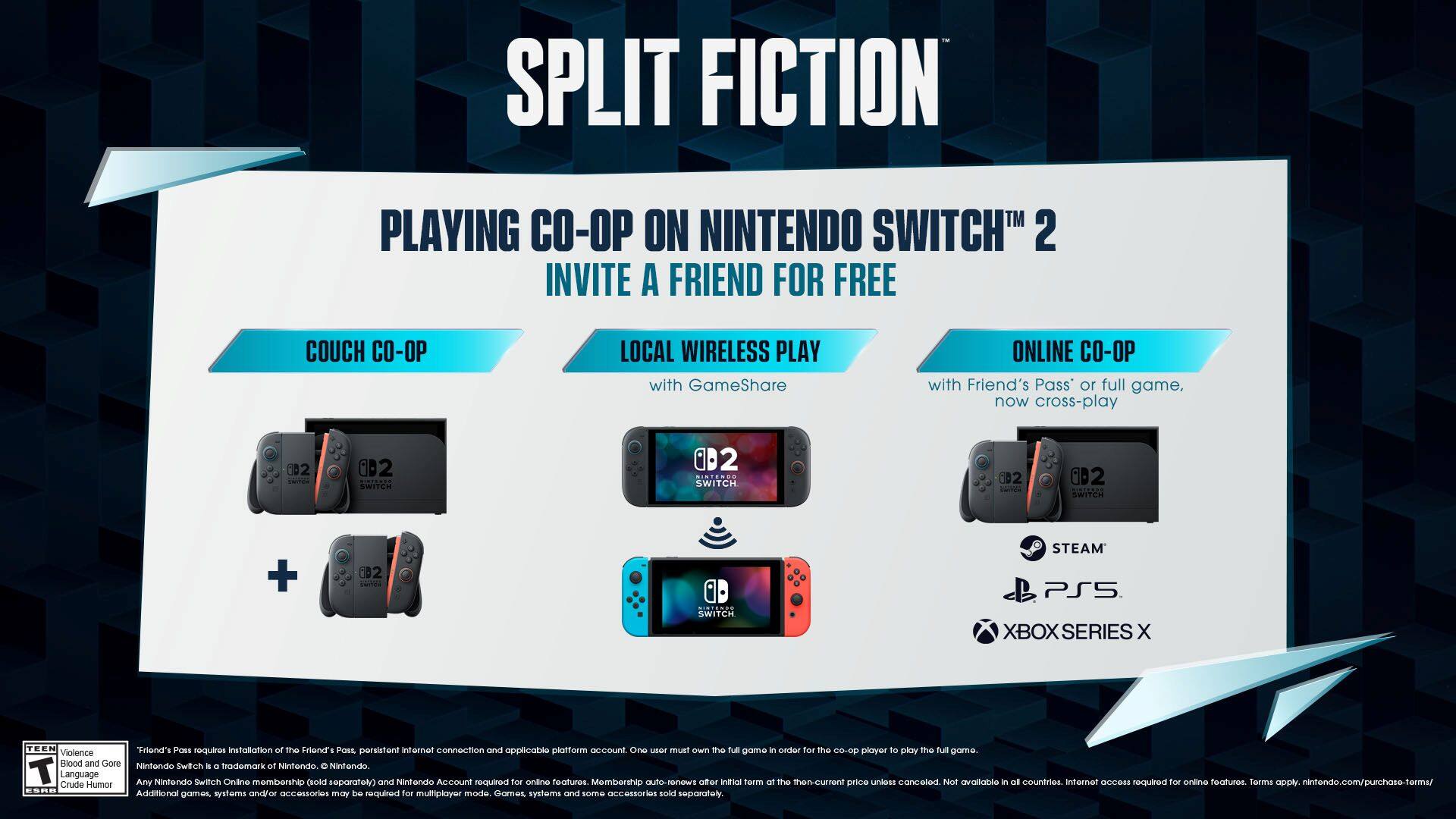 SPLIT FICTION PLAYING CO-OP ON NINTENDO SWITCH 2 INVITE A FRIEND FOR FREE COUCH CO-OP LOCAL WIRELESS PLAY with GameShare ONLINE CO-OP with Friend's Pass' or full game. now cross-play 002 CeC 0D2 SWITCH 2 SWITCH @2 002 SAITCH + CD2 SWITCH STEAM PS5 XBOX SERIES X TEEN Friend's Pass requires installation of the Friend's Pass persistent internet connection and applicable platform account. One user must own the full game - order for the CO-op player to play the full game. Violence, Blood and Gore, Nintendo Switch. A trademark of Nintendo. T Language Any Nintendo Switch Online membership required (sold separately) and Nintendo Account required for online features. Membership auto-renews at the then-current price until cancelled. Not available in all countries. Internet access and additional fees may be required for online features. nintendo.com/purchase-terms/ Crude Humor, ESRB. Additional fees may apply for game systems and/or accessories.