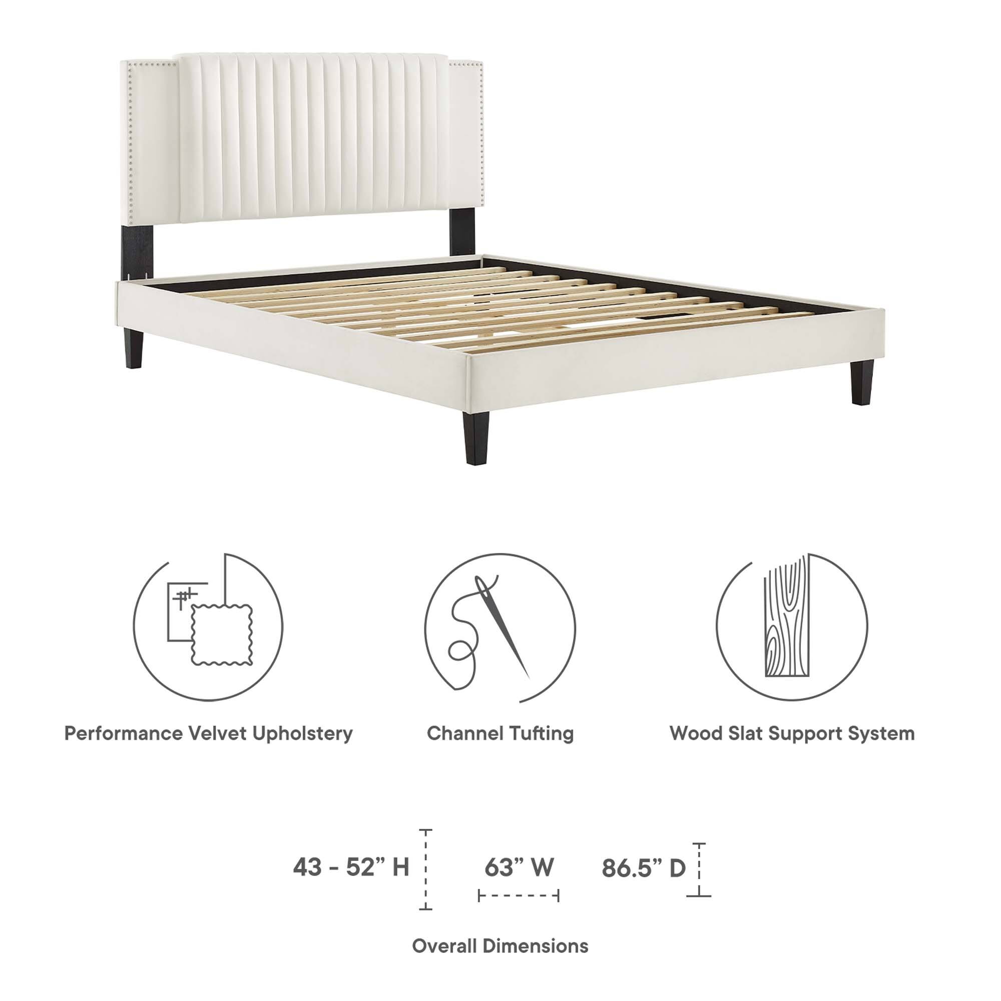 Performance Velvet Upholstery  
Channel Tufting  
Wood Slat Support System  

43 - 52" H  
63" W  
86.5" D  

Overall Dimensions