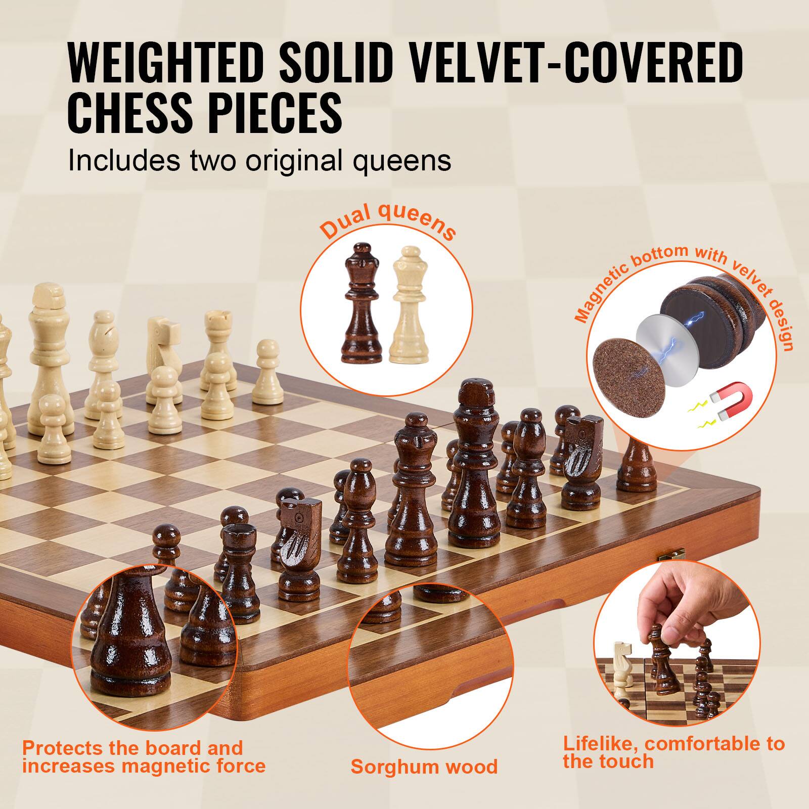 WEIGHTED SOLID VELVET-COVERED CHESS PIECES  
Includes two original queens  

- Dual queens  
- Magnetic bottom with velvet design  
- Protects the board and increases magnetic force  
- Sorghum wood  
- Lifelike, comfortable to the touch