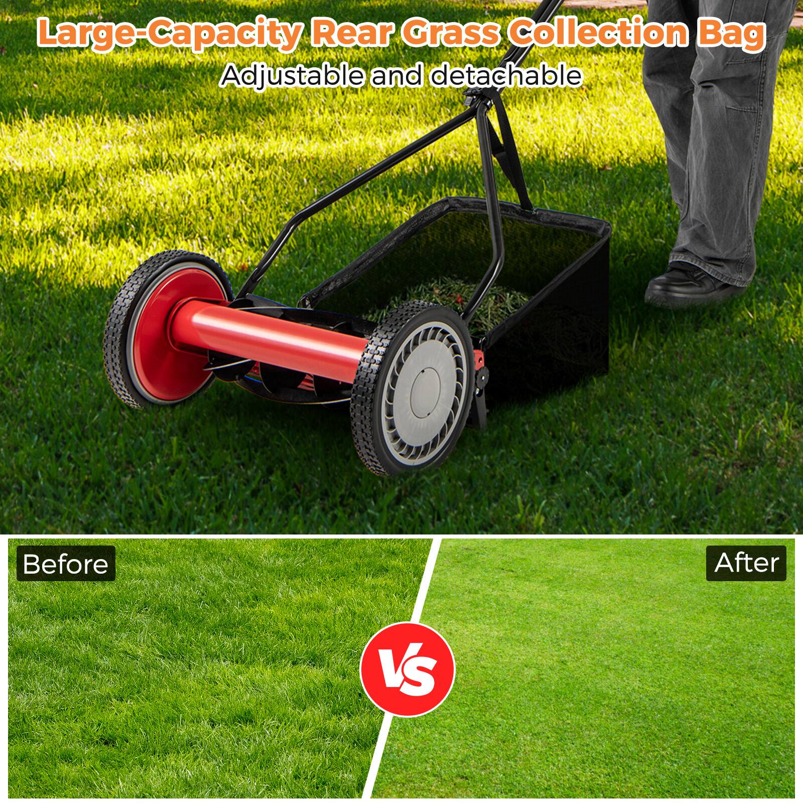 Large-Capacity Rear Grass Collection Bag  
Adjustable and detachable  

Before  
VS  
After