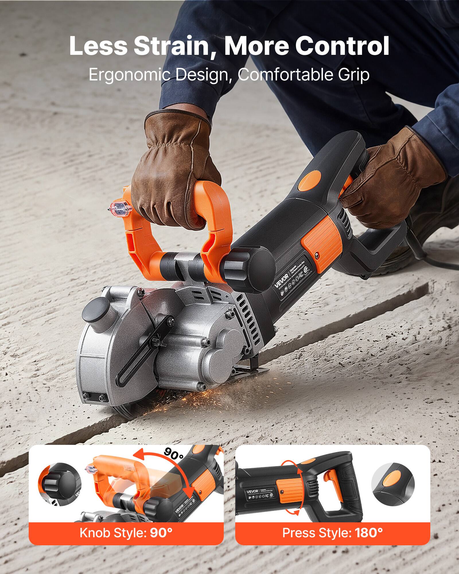 Less Strain, More Control  
Ergonomic Design, Comfortable Grip  

VEVOR DOGGOR:  
90  
1 ARDEN  
VIEVOR 303864 R a  

Knob Style: 90  
Press Style: 180