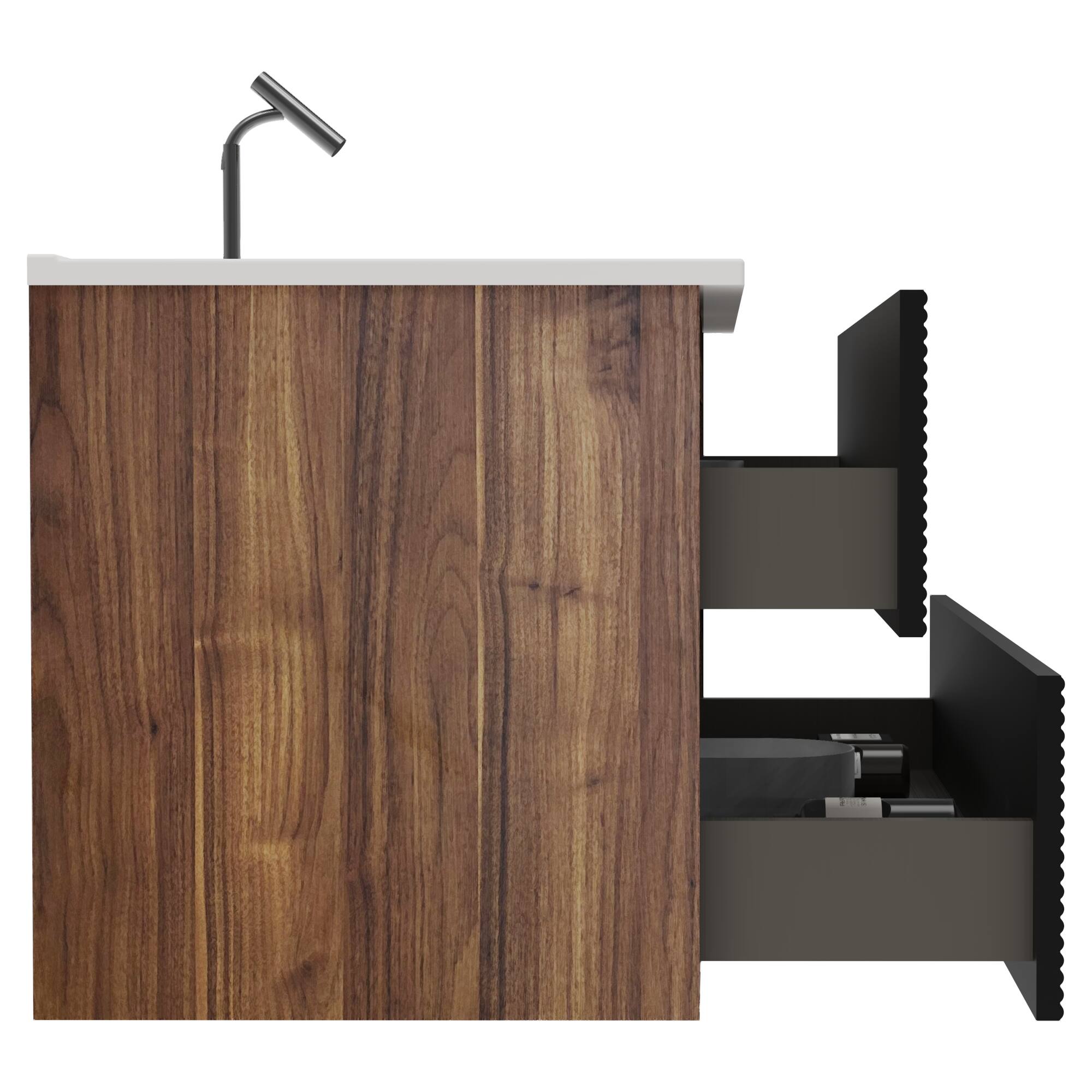 Alt View 5. Boyel Living - 30 Inch Wall Mounted Soft Black & Walnut Bathroom Vanity with Integrated Ceramic Sink / Large Storage, Pre-Assembled - Black+Brown.