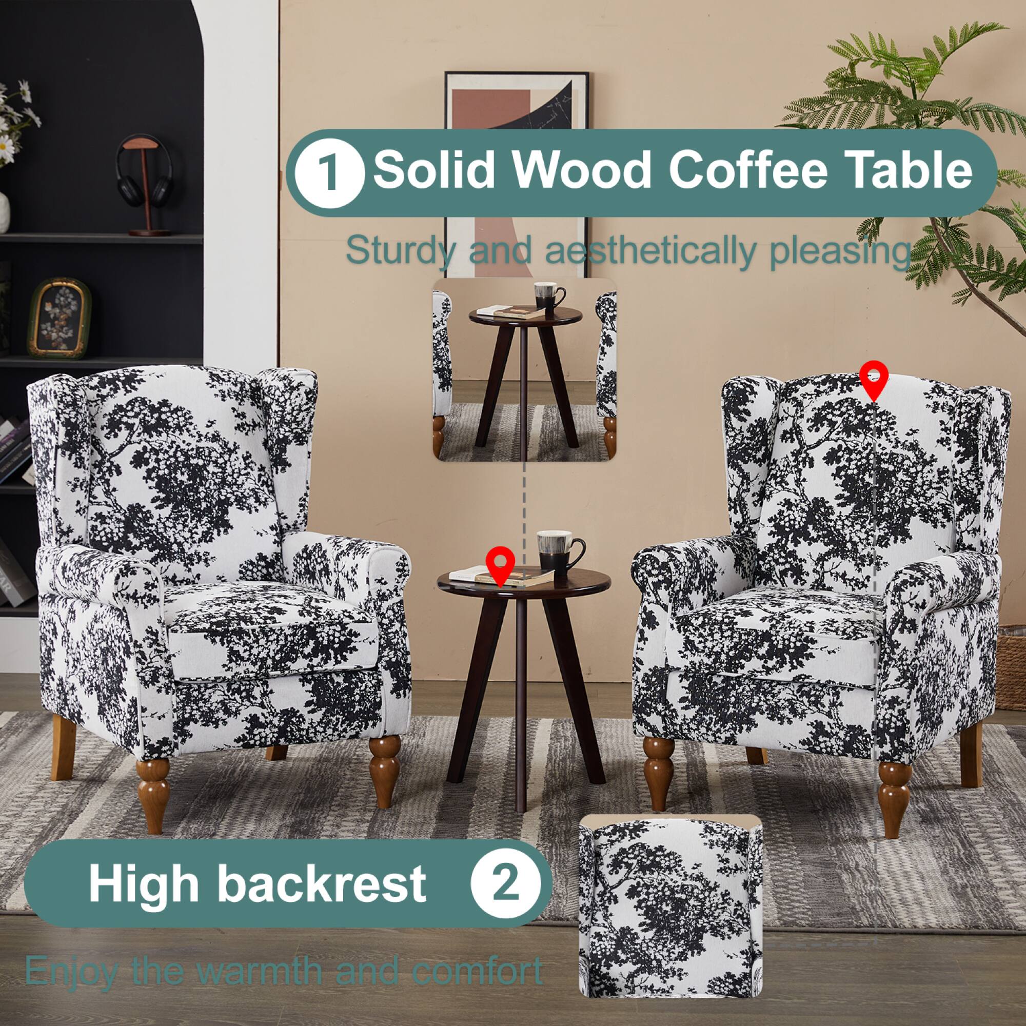 1. Solid Wood Coffee Table  
   Sturdy and aesthetically pleasing

2. High backrest  
   Enjoy the warmth and comfort