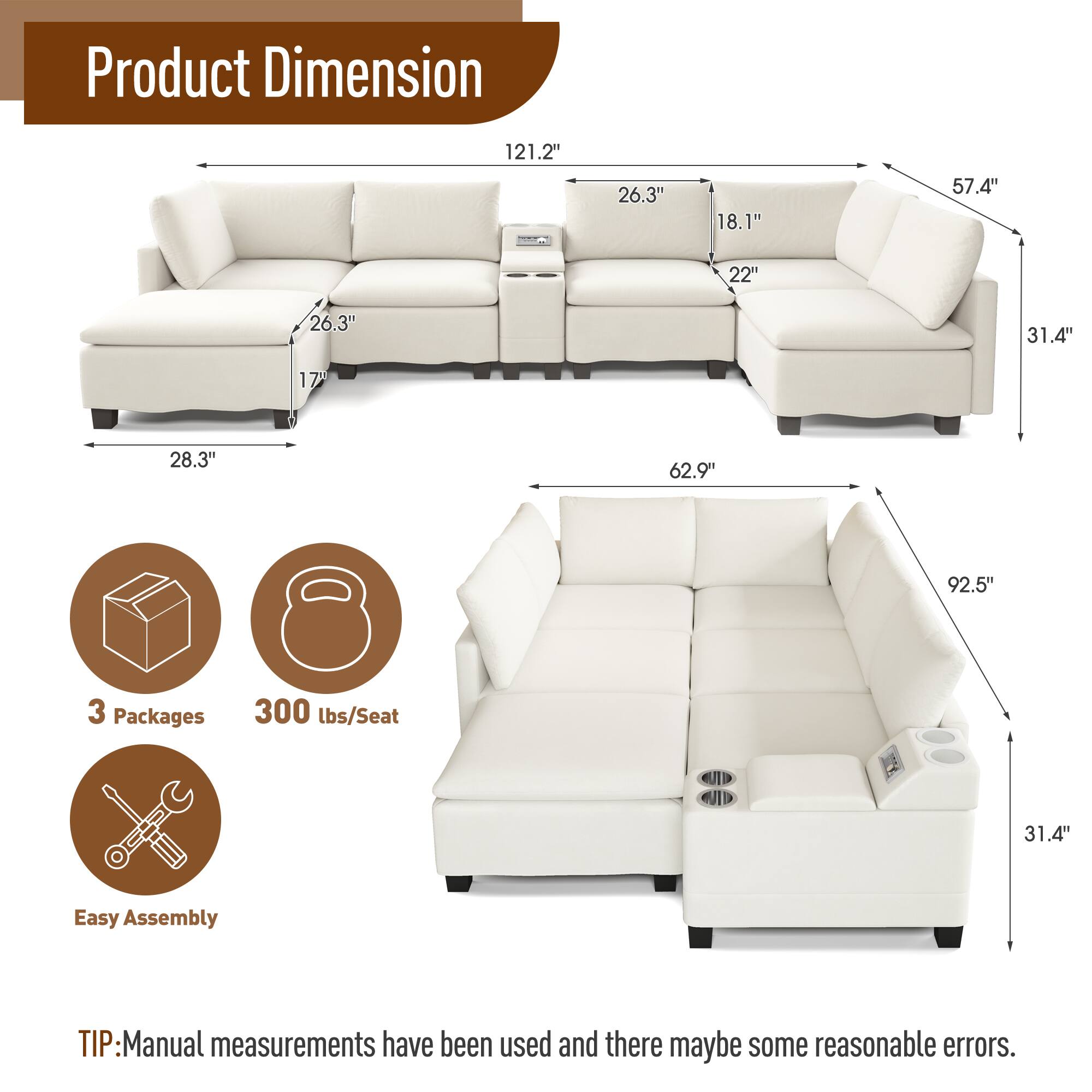 Product Dimension: 121.2" x 26.3" x 18.1" x 1" x 57.4" x 22" x 26.3" x 31.4" x 17" x 28.3" x 62.9" x 92.5" x 31.4"

3 Packages
300 lbs/Seat
Easy Assembly

TIP: Manual measurements have been used and there may be some reasonable errors.