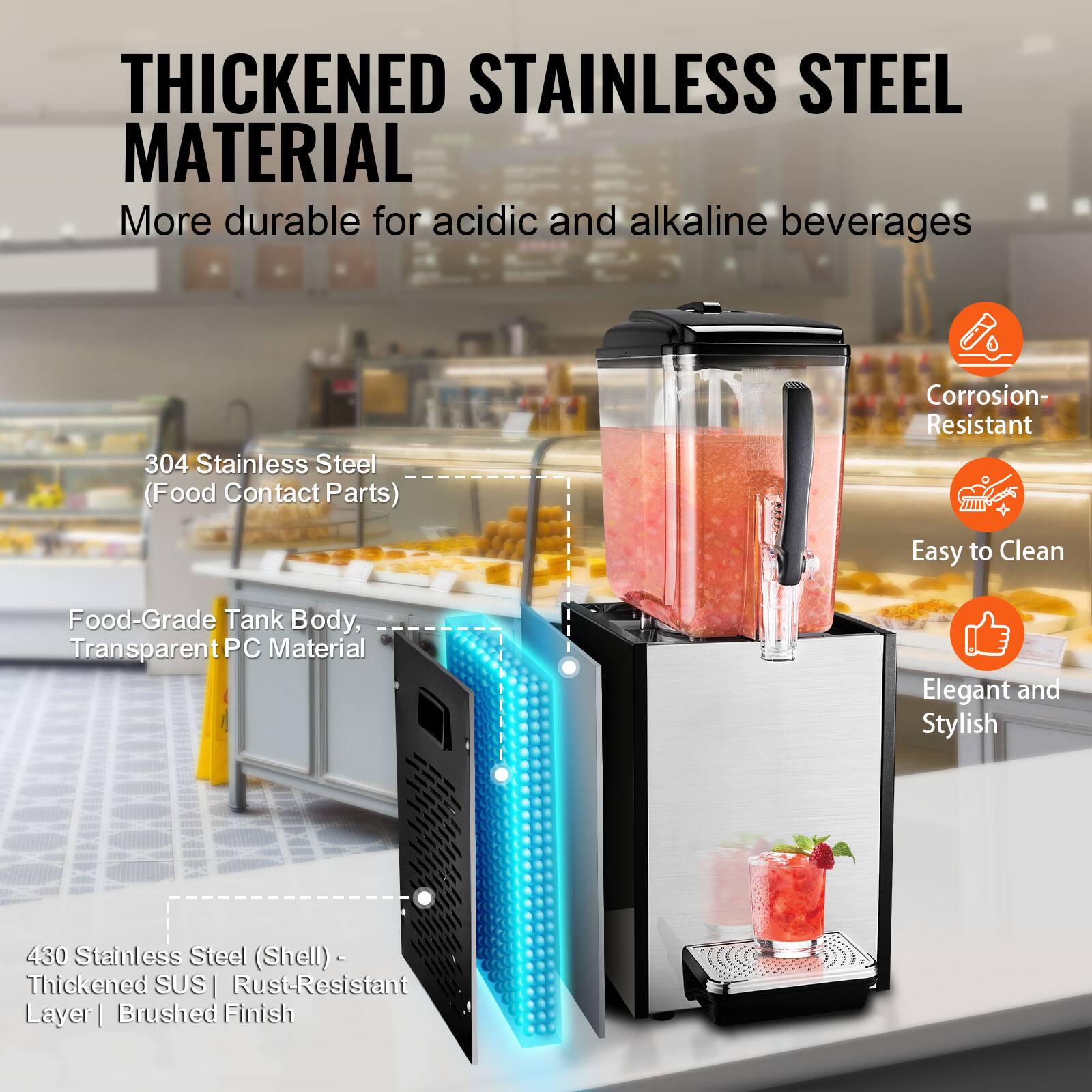 THICKENED STAINLESS STEEL MATERIAL
More durable for acidic and alkaline beverages
304 Stainless Steel (Food Contact Parts)
Corrosion-Resistant
Easy to Clean
Food-Grade Tank Body, Transparent PC Material
Elegant and Stylish
430 Stainless Steel (Shell)- Thickened SUS | Rust-Resistant Layer | Brushed Finish