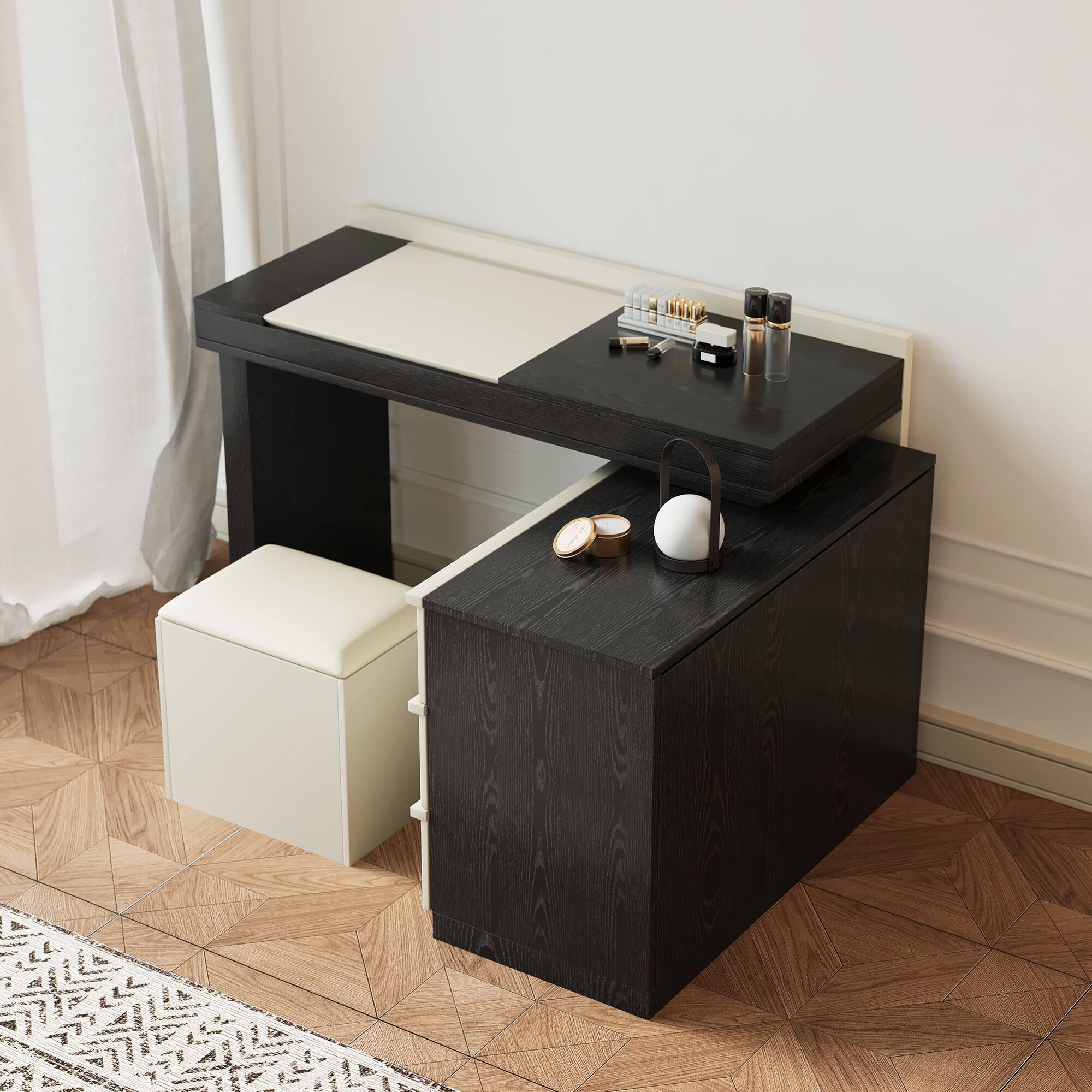 Back. luck idea - Modern Expandable Countertop Vanity with Hidden Mirror, Storage Drawers and Dressing Stool - Black.