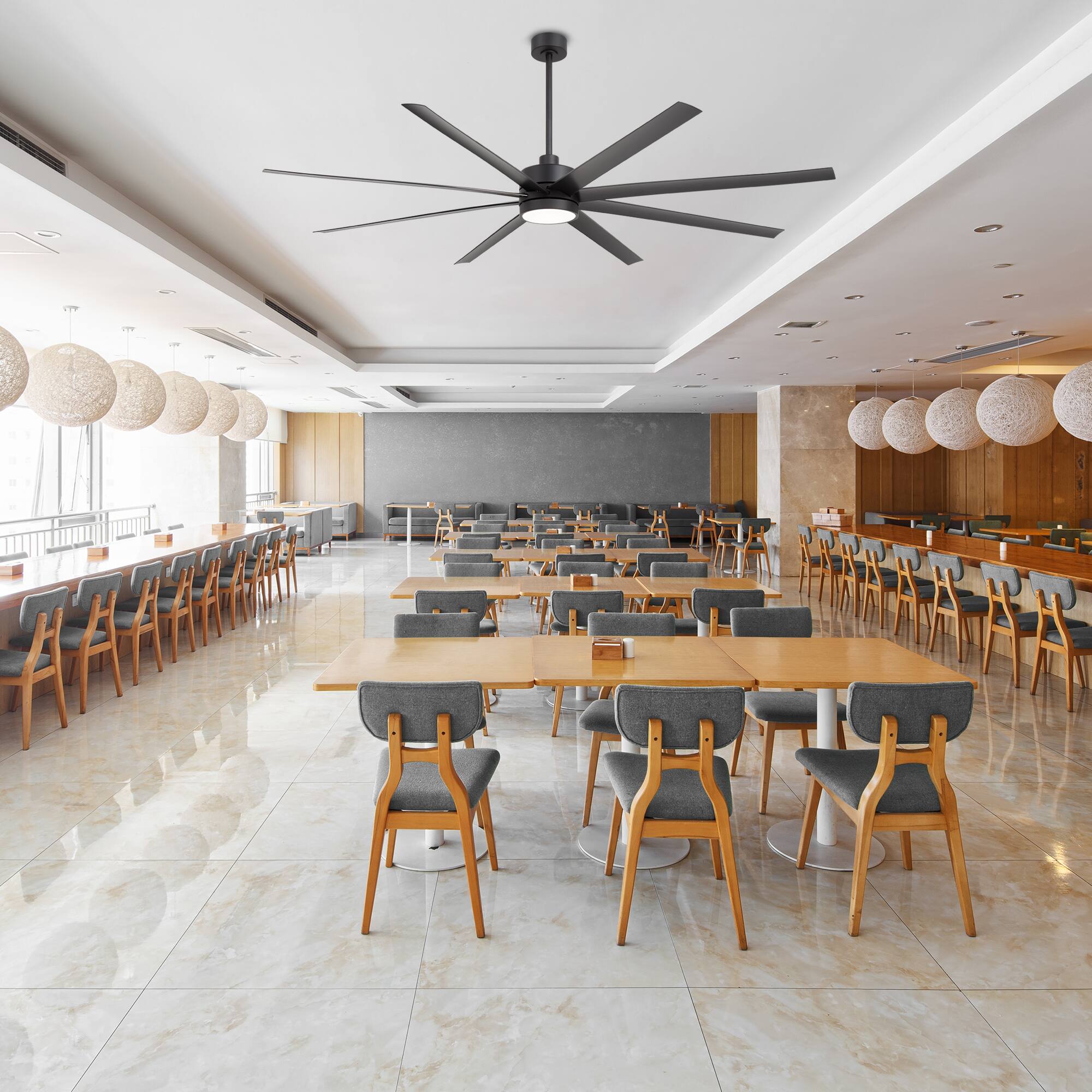 Alt View 2. Breezary - 84-in Large Ceiling Fan with 8 ABS Blades, 6-Speed DC Motor, Remote Control, 3 Downrods with Timer, Optional Light Kit - Matte Black (With Light).