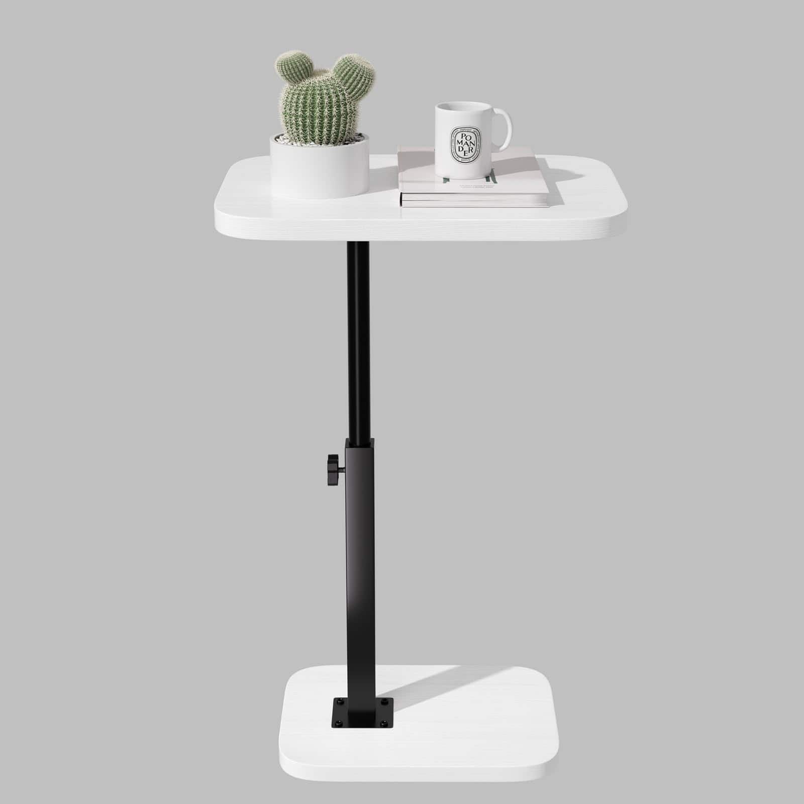 Fabibe - Adjustable Side Table Tv Tray C Shaped End Small Bedside Mid Century Modern Accent Nightstand For Living Room - White Oval