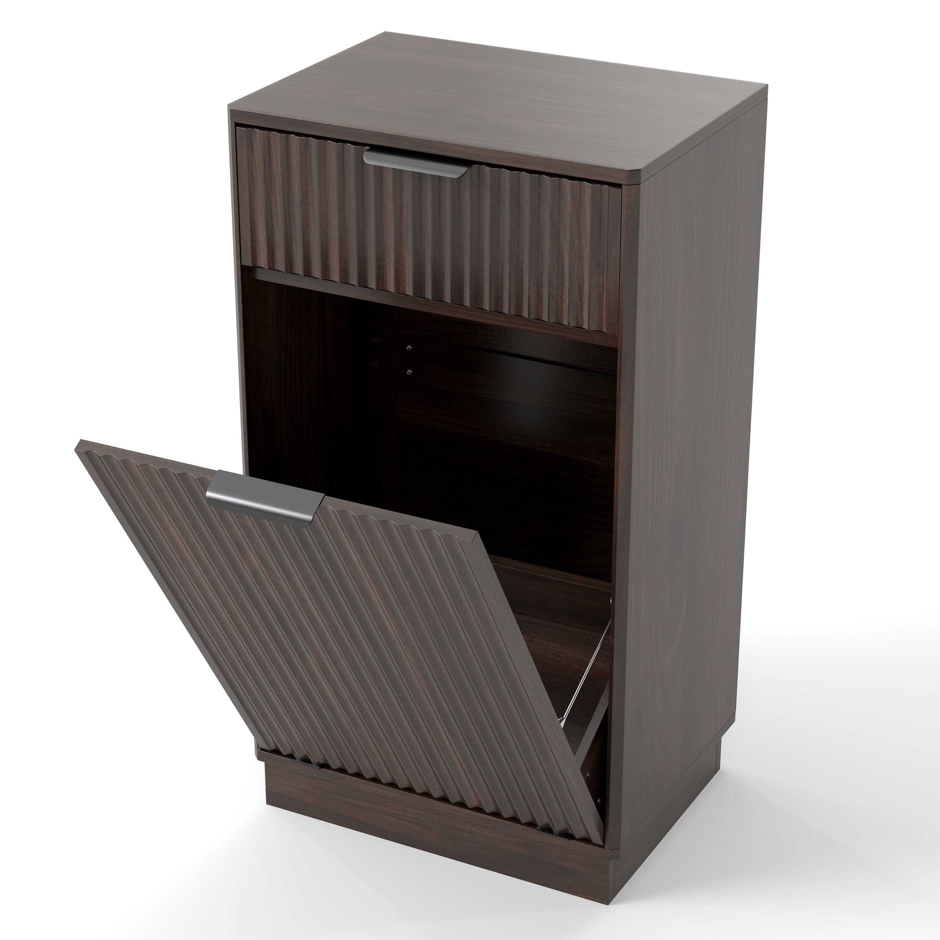 Left. COWLOWN - 10 Gallon Tilt-Out Trash Can Cabinet with Drawer and Pull-Out Bin Walnut Finish - Walnut.