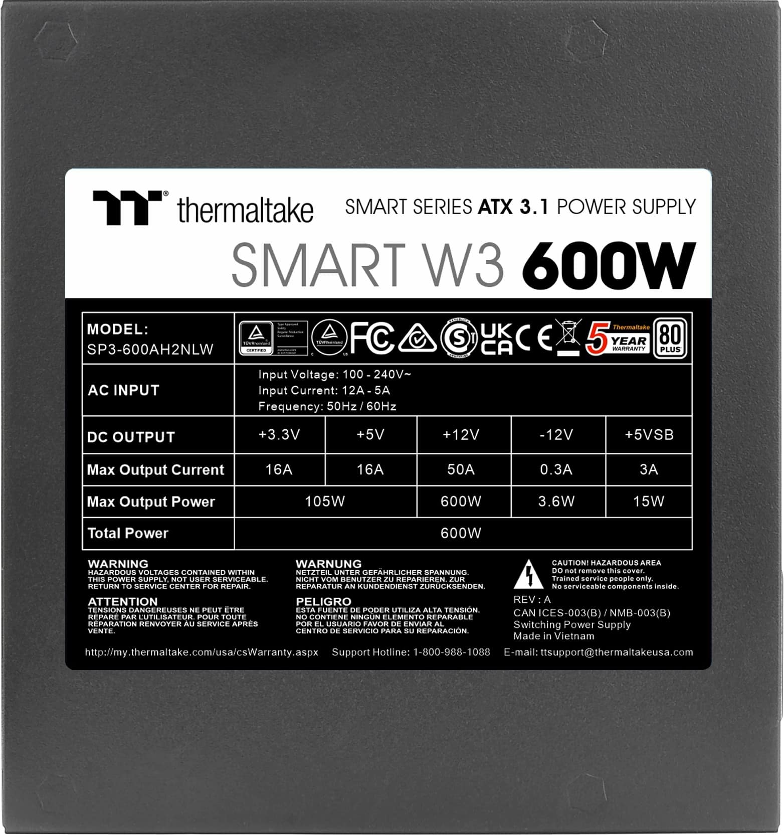 The text on the image is a combination of different languages, including English and Spanish. The main information is that the product is a Thermaltake Smart Series ATX 3.1 Power Supply with a capacity of 600W. The product is designed for use in the United Kingdom and has a 5-year warranty. The input voltage is 100-240V AC, and the input current is 12A 5A. The frequency is 50Hz or 60Hz, depending on the region. The DC output voltage ranges from +3.3V to -12V, with a maximum output current of 16A and 50A. The maximum output power is 600W, and the total power is 600W. The product is not user-serviceable and should be returned to the service center for repair. The product also contains hazardous voltages and should be handled with caution. The product is designed for use in the United Kingdom and has a 5-year warranty.