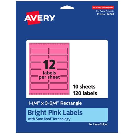 Go to avery.com/templates
AVERY
Use Avery Template Presta* 94228
12 labels per sheet
10 sheets
120 labels
1-1/4" x 3-3/4" Rectangle
Bright Pink Labels with Sure Feed Technology for Laser/Inkjet