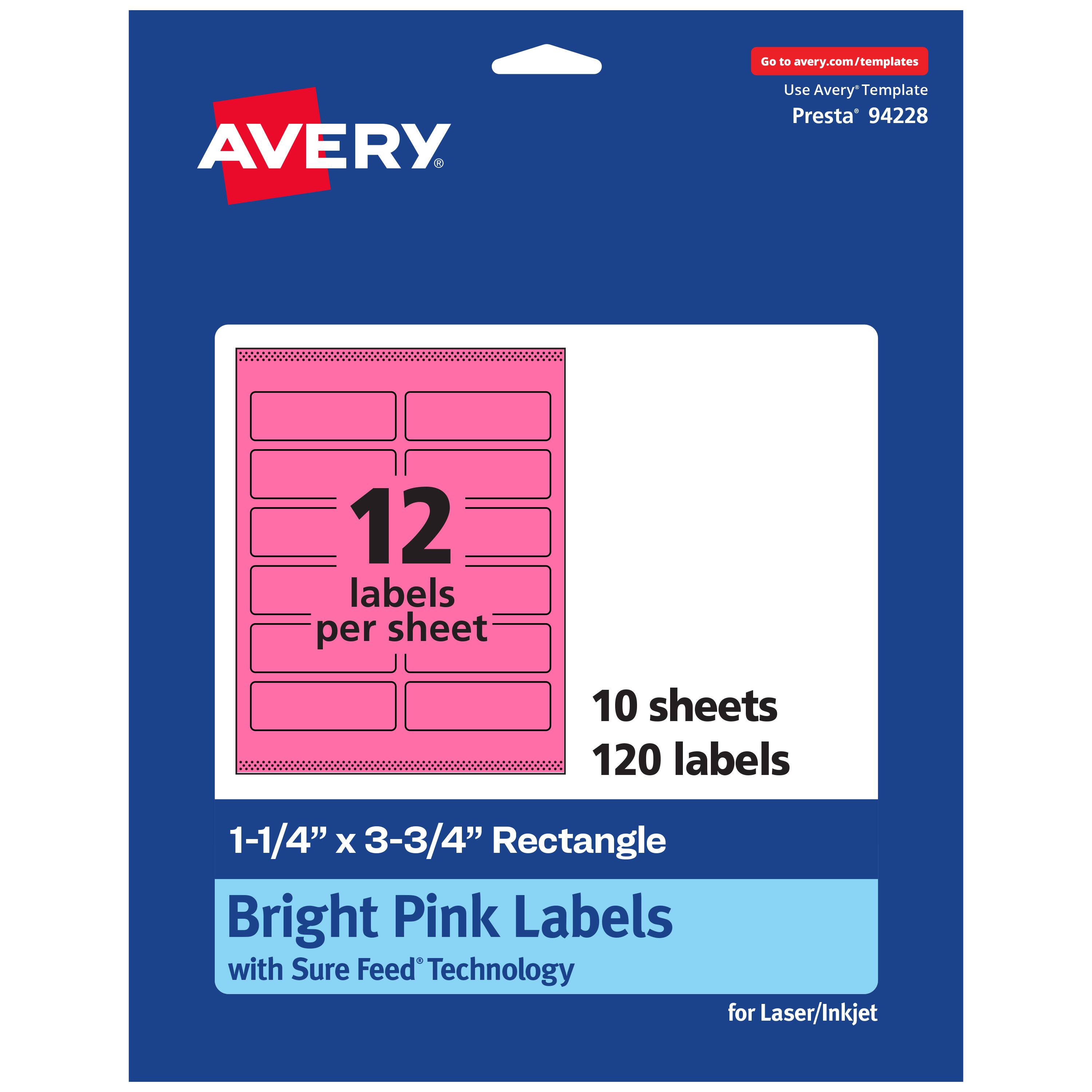 Go to avery.com/templates  
AVERY  
Use Avery Template Presta* 94228  
12 labels per sheet  
10 sheets  
120 labels  
1-1/4" x 3-3/4" Rectangle  
Bright Pink Labels with Sure Feed Technology for Laser/Inkjet