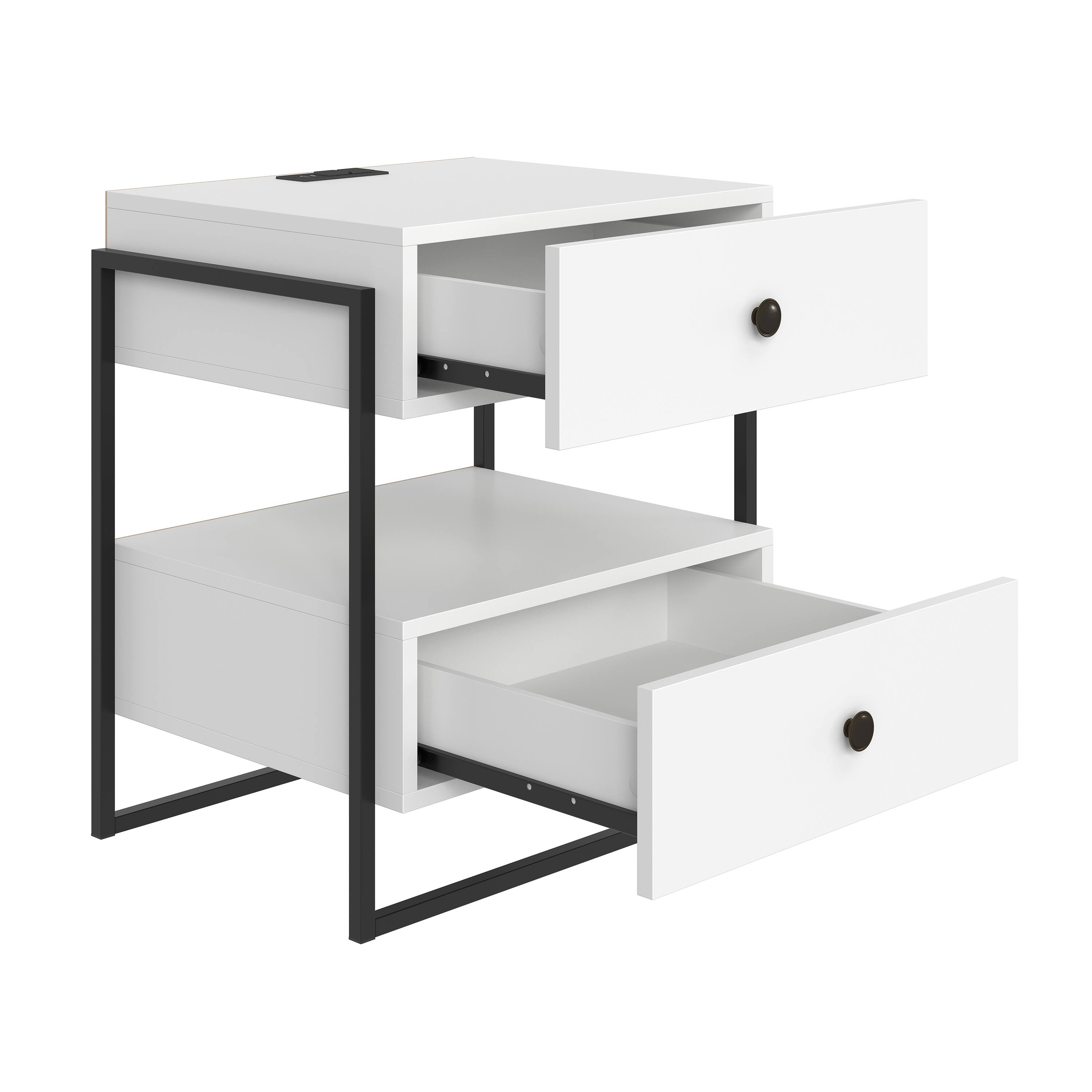 Alt View 3. Boyd Sleep - Pesaro Modern Two Drawer Nightstand with USB Charging Ports, Metal Frame - White.