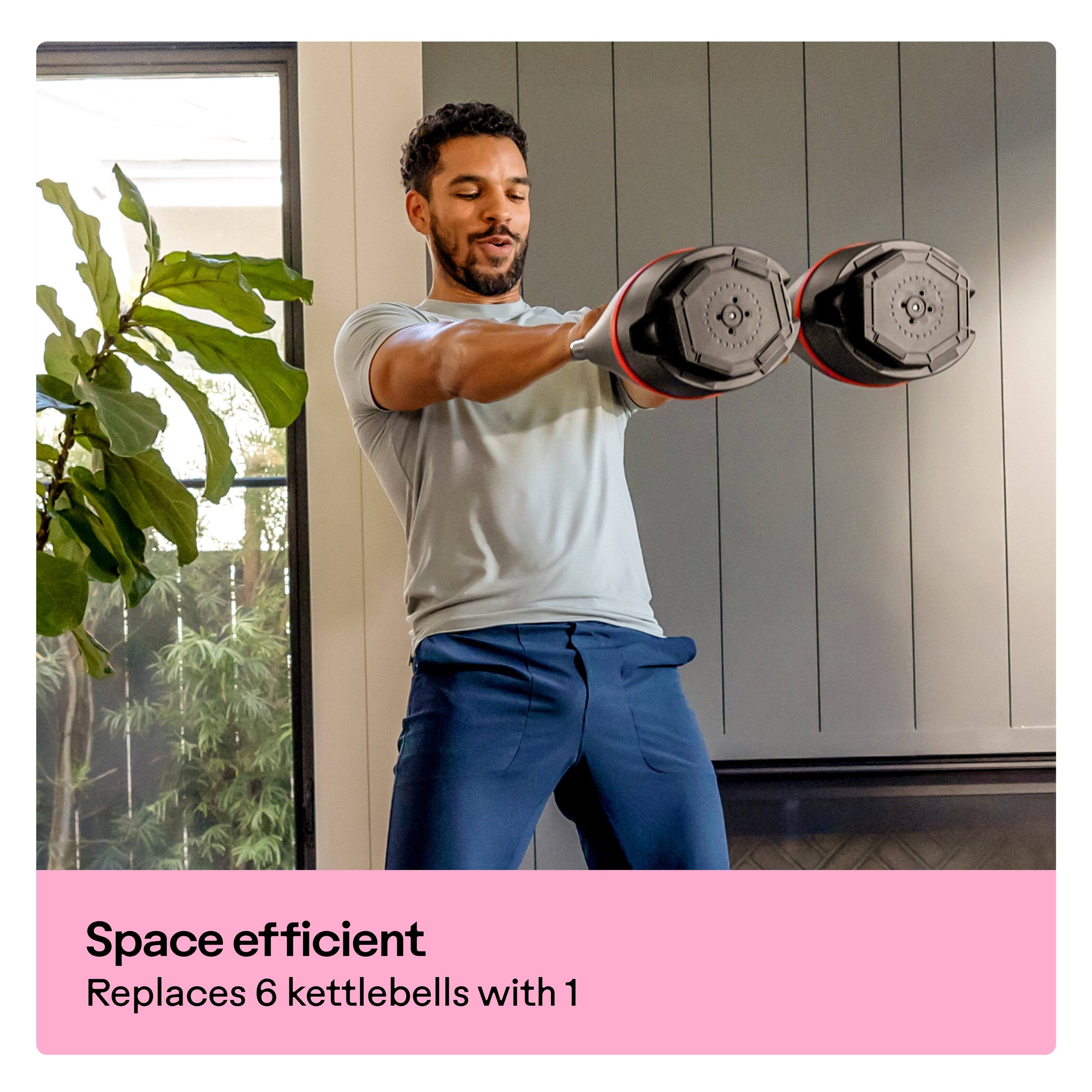 Space efficient  
Replaces 6 kettlebells with 1