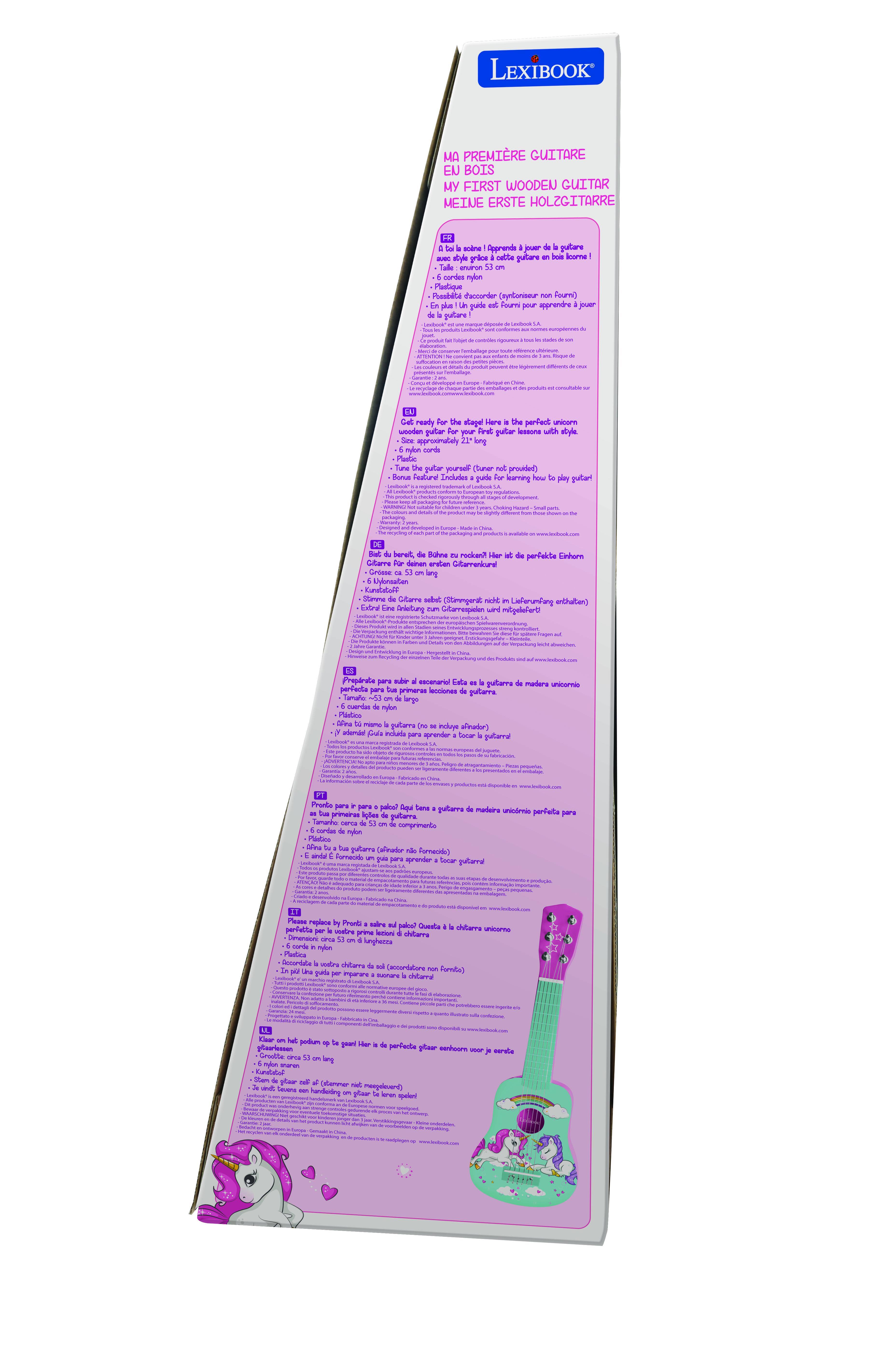LEXIBOOK  
MA PREMIÈRE GUITARE EN BOIS  
MY FIRST WOODEN GUITAR  
MEINE ERSTE HOLZGUITARRE  

Apprendre à jouer de la guitare  
Aprende a tocar la guitarra  
Lerne, wie man Gitarre spielt  

- 6 cordes de nylon  
- 6 nylon strings  
- 6 Sehnen aus Nylon  

- Taille : 21" long  
- Size : approximately 21" long  
- Größe : ca. 53 cm lang  

- Inclut un guide pour apprendre à jouer de la guitare  
- Includes a guide for learning how to play guitar  
- Enthält eine Anleitung zum Spielen der Gitarre  

- Prêt à jouer  
- Ready to play  
- Bereit zum Spielen  

- Pronto para tocar  
- Pronto para tocar  

- Pronto para tocar la guitarra  
- Pronto para tocar la guitarra  

- Pronto para tocar la guitarra  
- Pronto para tocar la guitarra  

- Pronto para tocar la guitarra  
- Pronto para tocar la guitarra  

