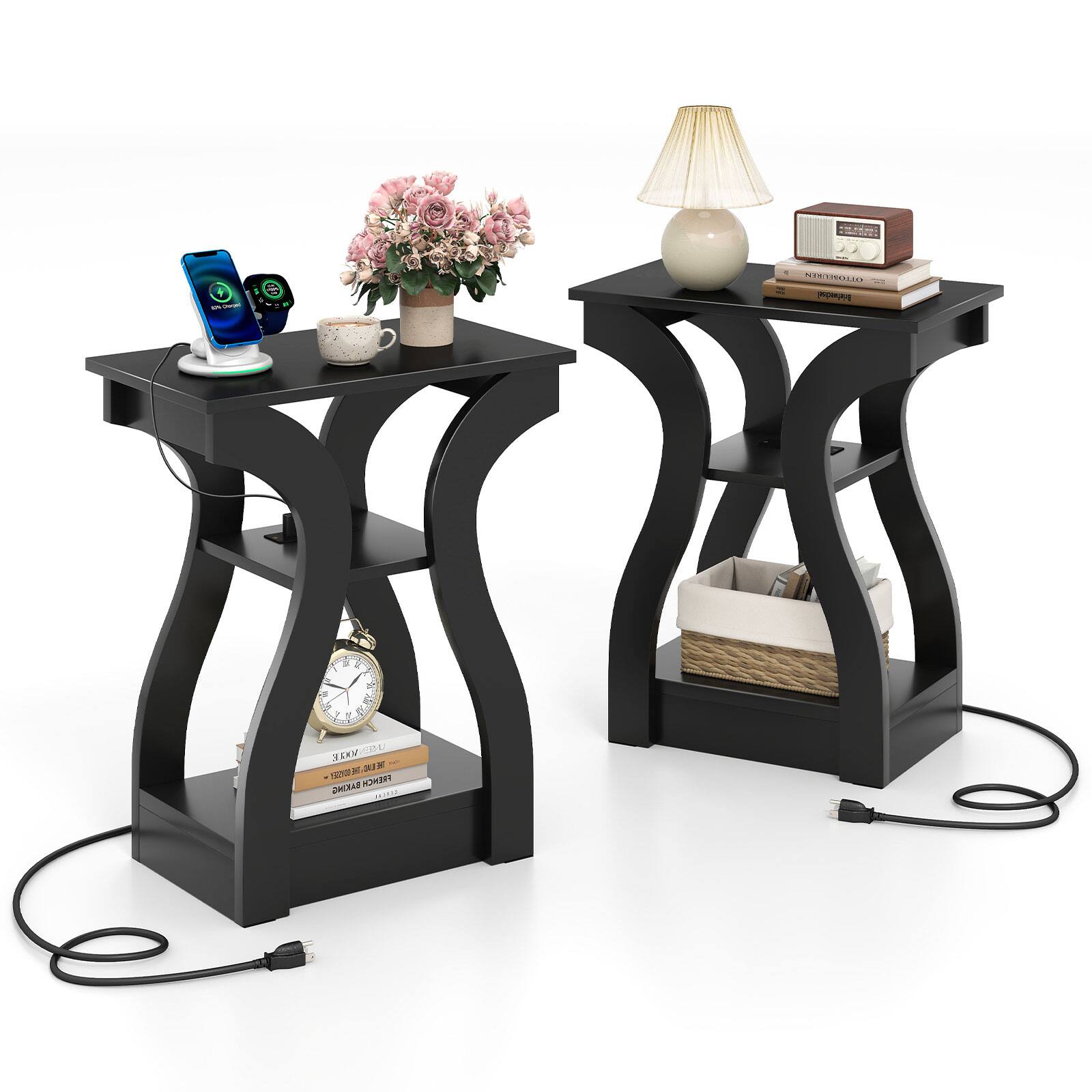 Gymax - End Tables w/Charging Station Set of 2 3-Tier Side Tables w/USB Ports & Outlets - Black