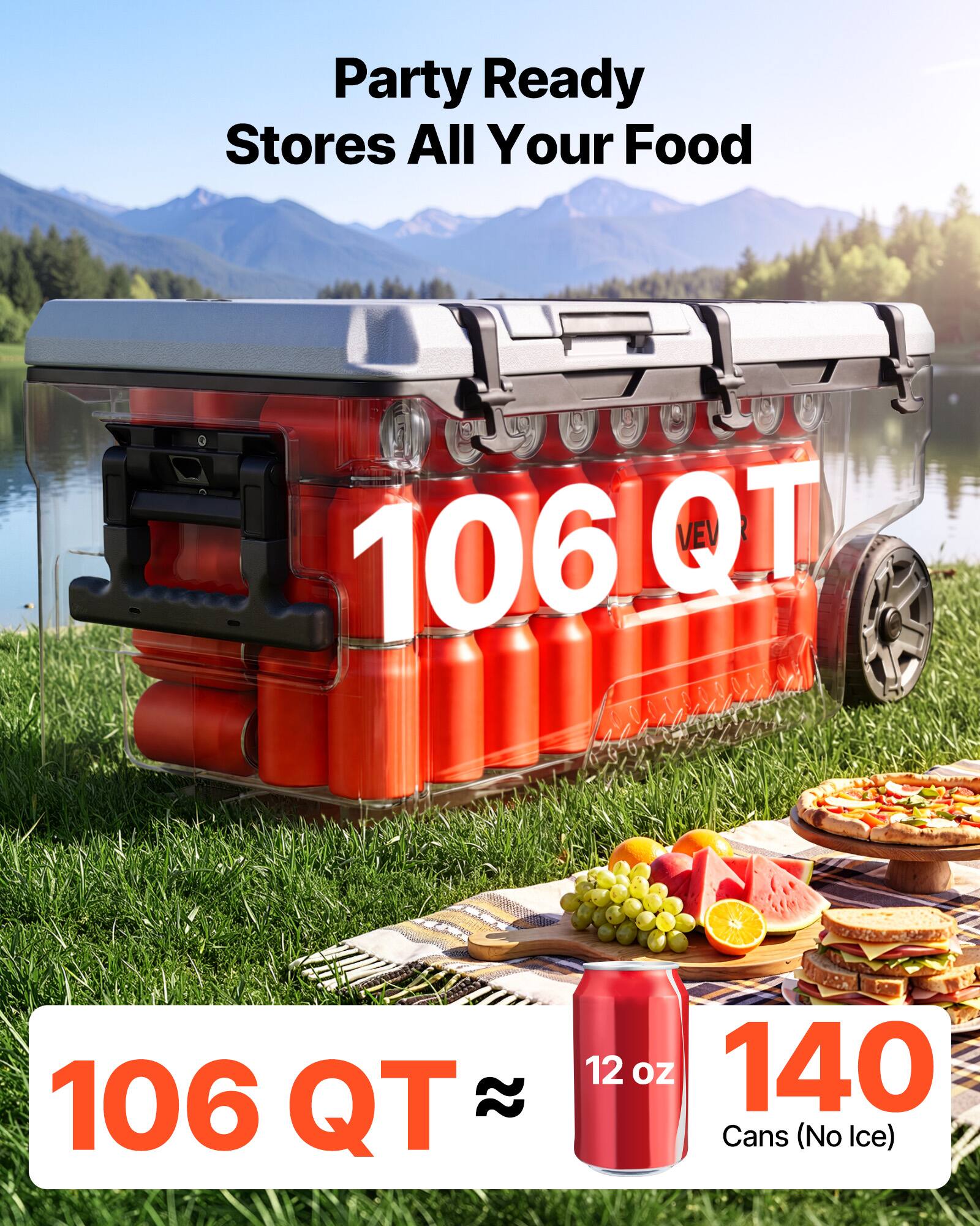Party Ready Stores All Your Food  
106 QT  
12 oz  
140 Cans (No Ice)
