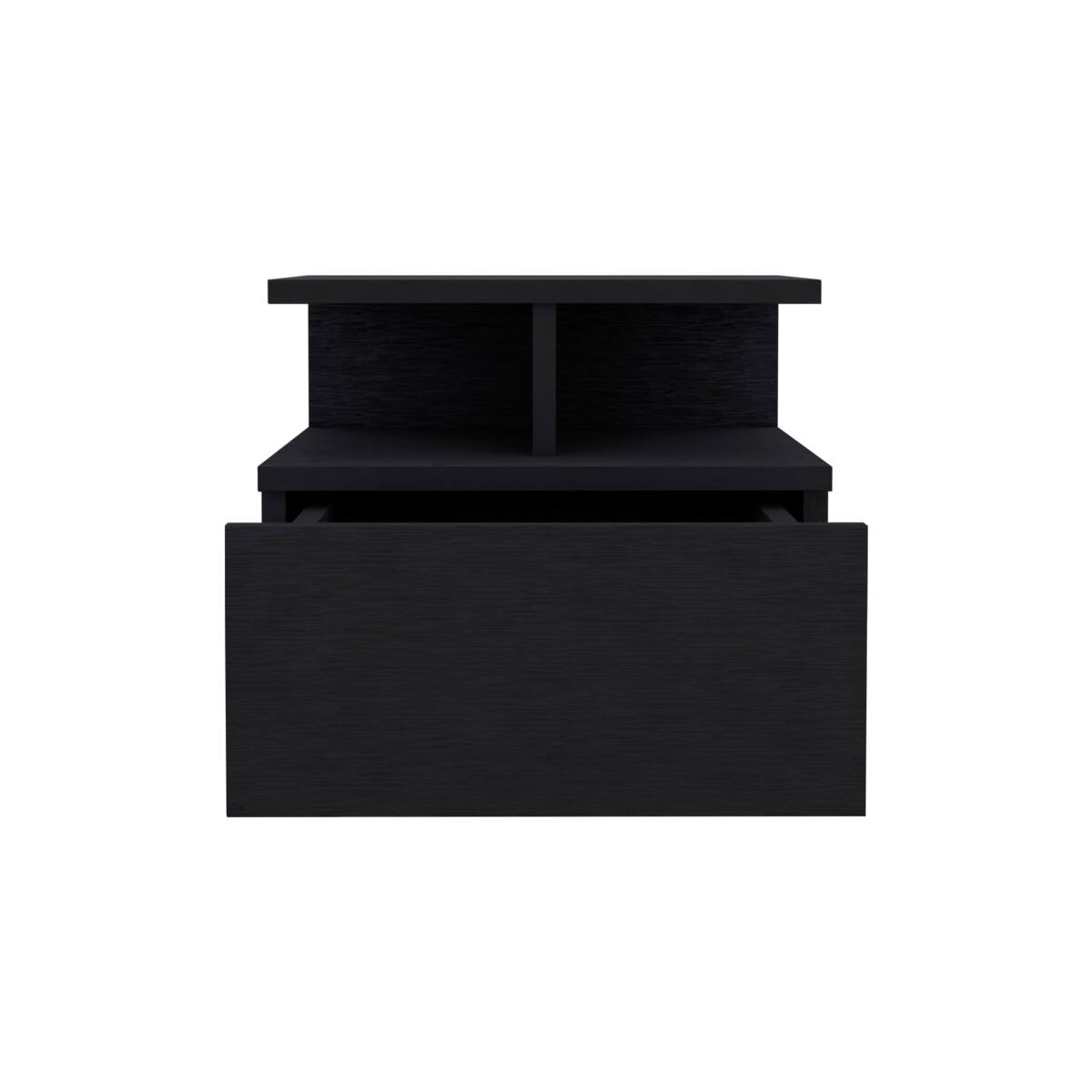 Left. Loheer - Loheer Floating Nightstand, Black Wall Mounted Bedside Table with Drawer and Two Tier Shelf - Black.