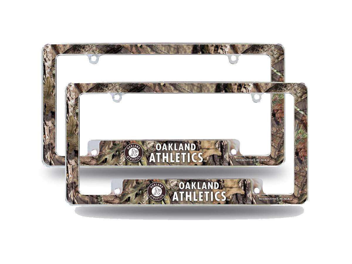 Oakland Athletics A's Chrome Metal (Set of 2) License Plate Frames with Bold Mossy Oak Camouflaged Camo Design