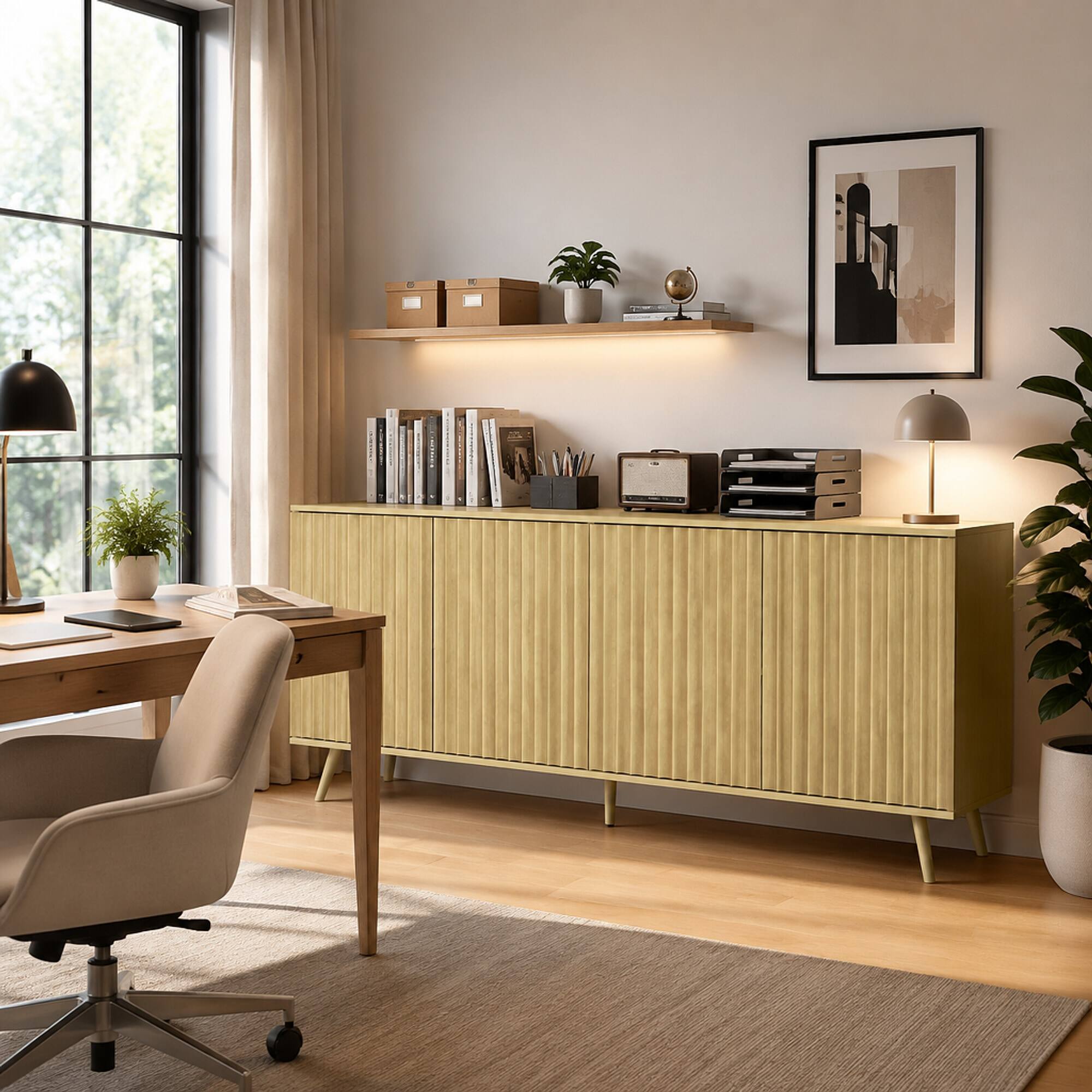 Left. RYHNUYNE - Freestanding Long Sideboard Buffet Cabinet with 4 Doors and Adjustable Shelves, Wood Coffee Bar, Natural - Natural.