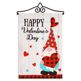 G128 - Combo Pack Garden Flag Hanger 14IN & Valentine's Day Gnome Plaid Heart Flag 12x18IN Double-Sided Blockout Fabric - Red