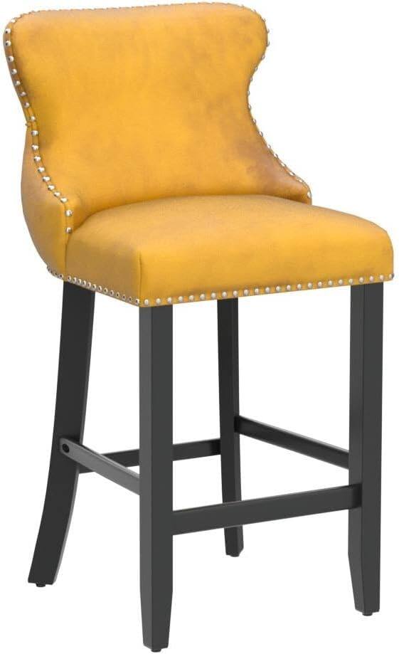 Alt View 3. Trinkets Crazed - Contemporary Velvet Upholstered Wing-Back Barstools with Button Tufted Decoration and Wooden Legs - gold.