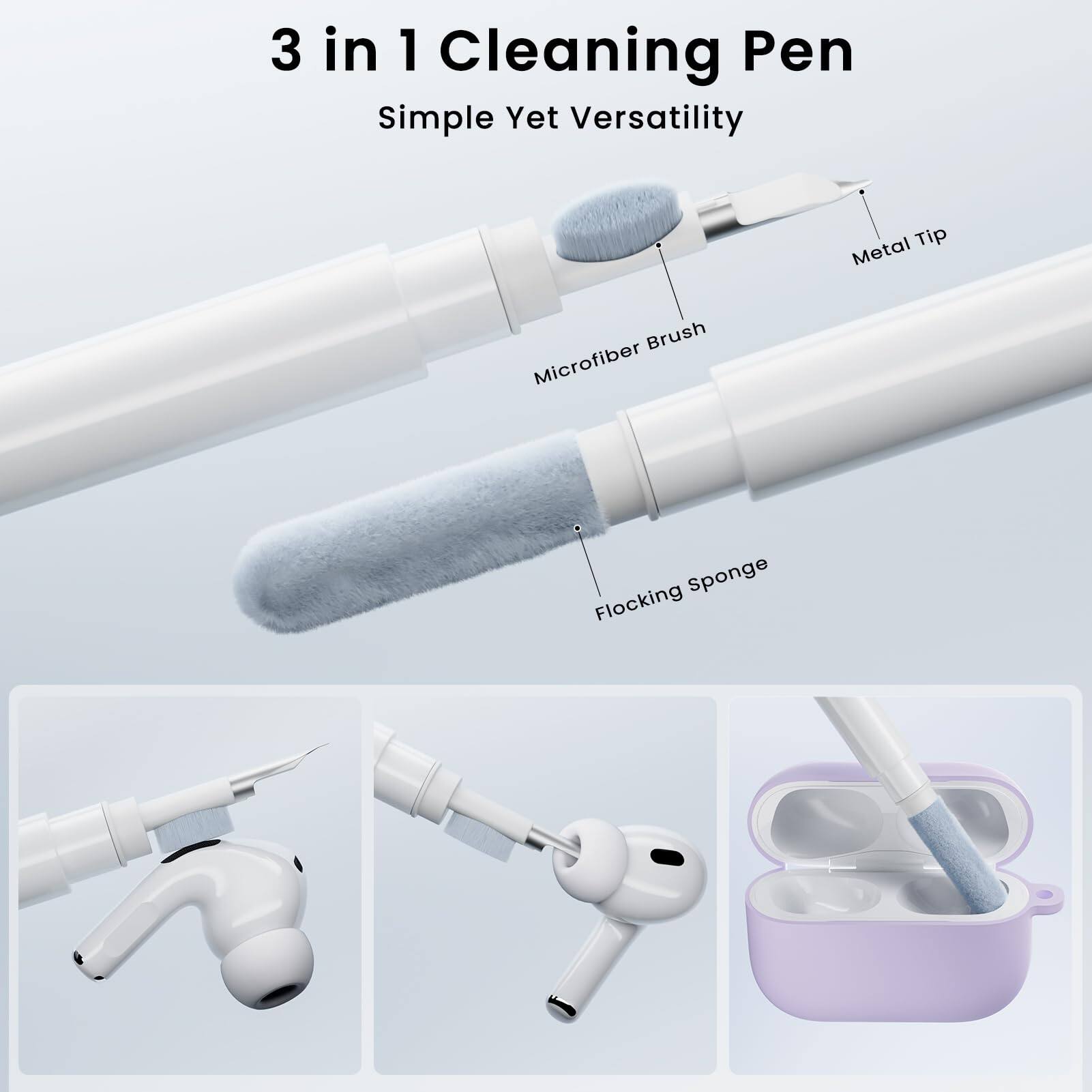 3 in 1 Cleaning Pen, Simple Yet Versatility, Metal Tip, Brush, Microfiber Sponge, Flocking