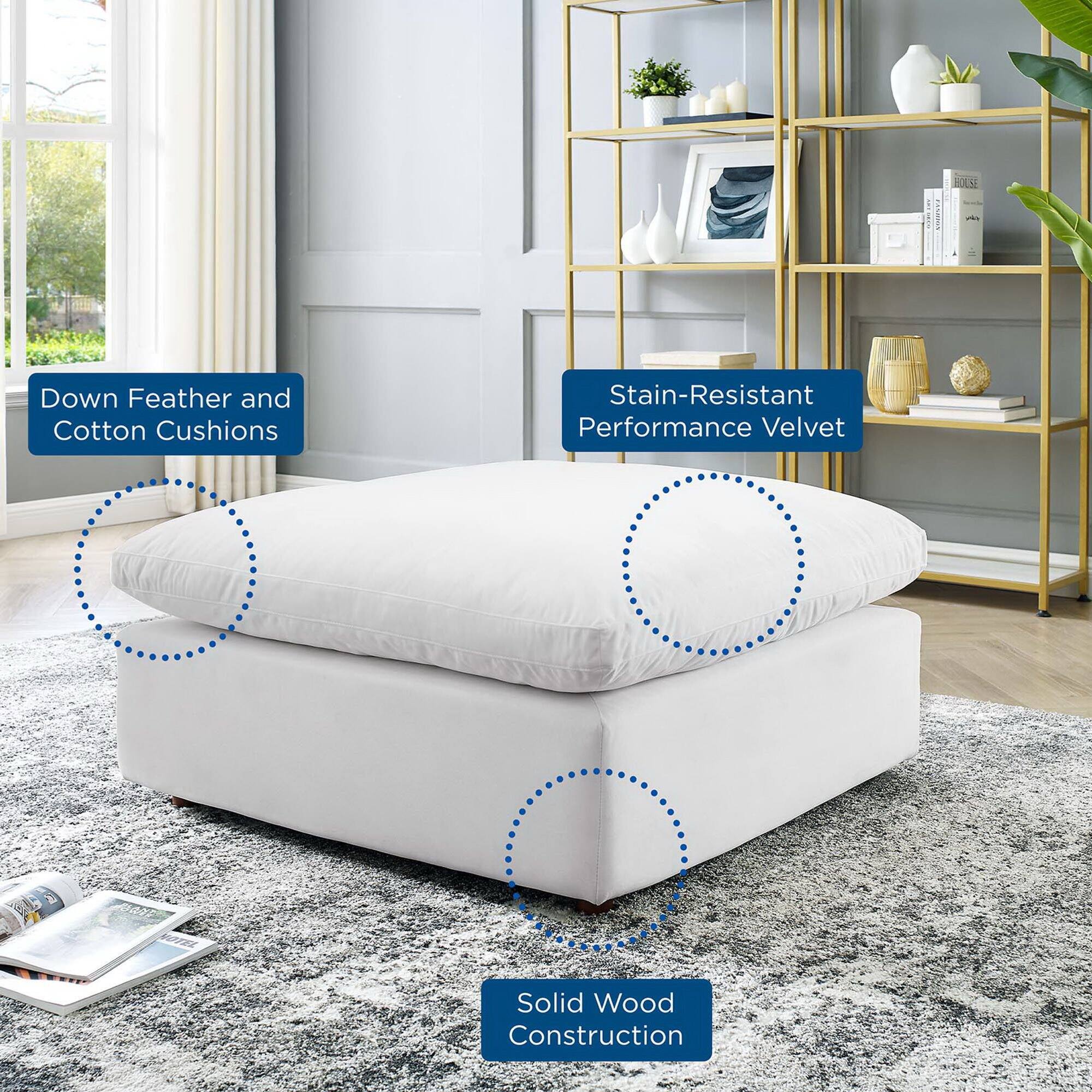 - Down Feather and Cotton Cushions
- Stain-Resistant Performance Velvet
- Solid Wood Construction