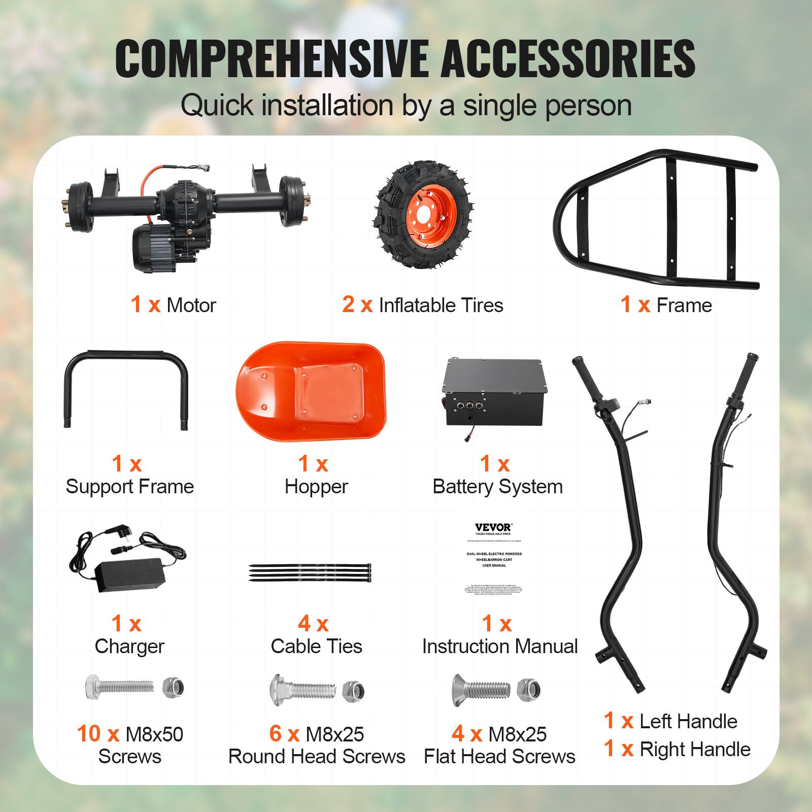COMPREHENSIVE ACCESSORIES  
Quick installation by a single person

- 1 x Motor
- 2 x Inflatable Tires
- 1 x Frame
- 1 x Support Frame
- 1 x Hopper
- 1 x Battery System
- 1 x Charger
- 4 x Cable Ties
- 1 x Instruction Manual
- 10 x M8x50 Screws
- 6 x M8x25 Round Head Screws
- 4 x M8x25 Flat Head Screws
- 1 x Left Handle
- 1 x Right Handle