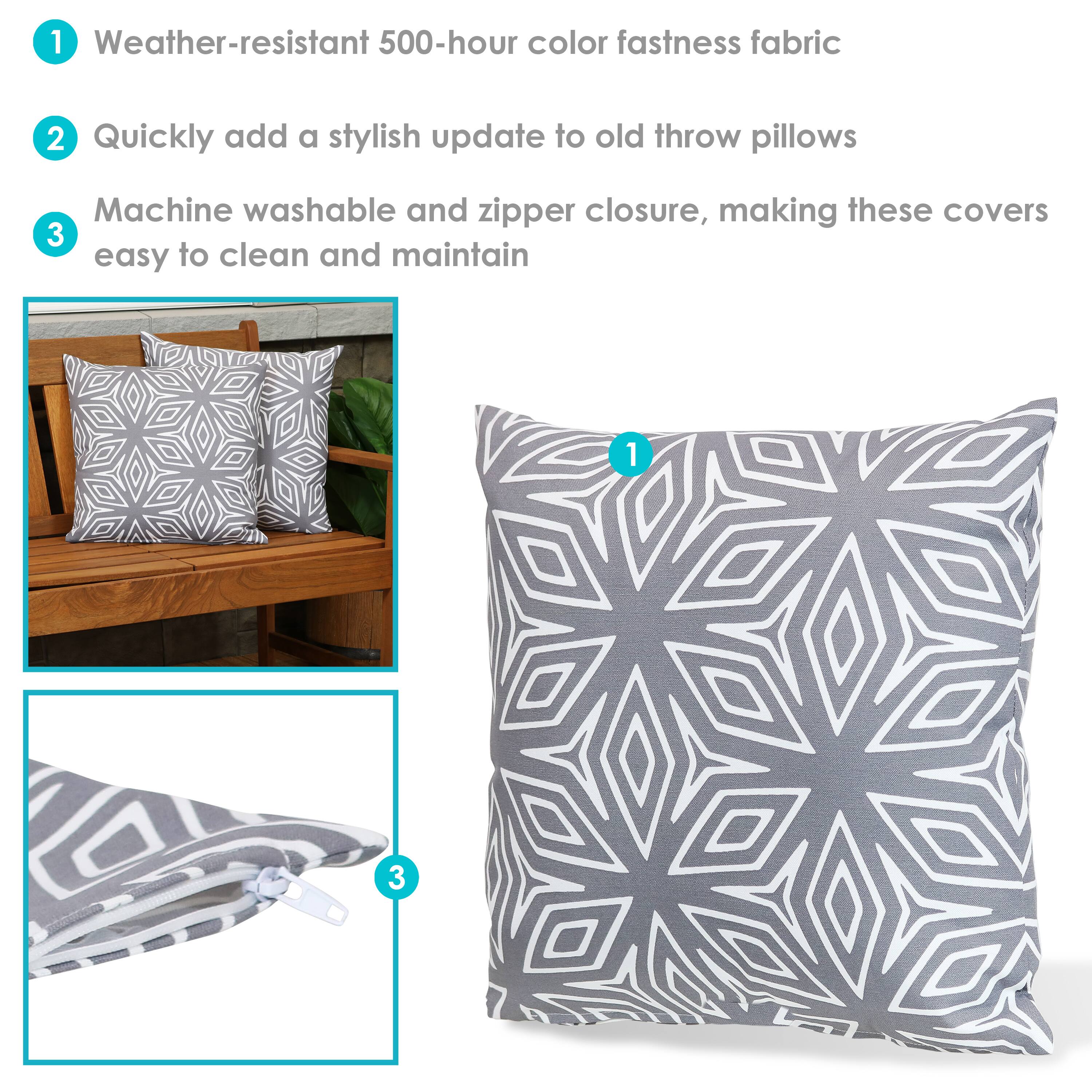1. Weather-resistant 500-hour color fastness fabric  
2. Quickly add a stylish update to old throw pillows  
3. Machine washable and zipper closure, making these covers easy to clean and maintain
