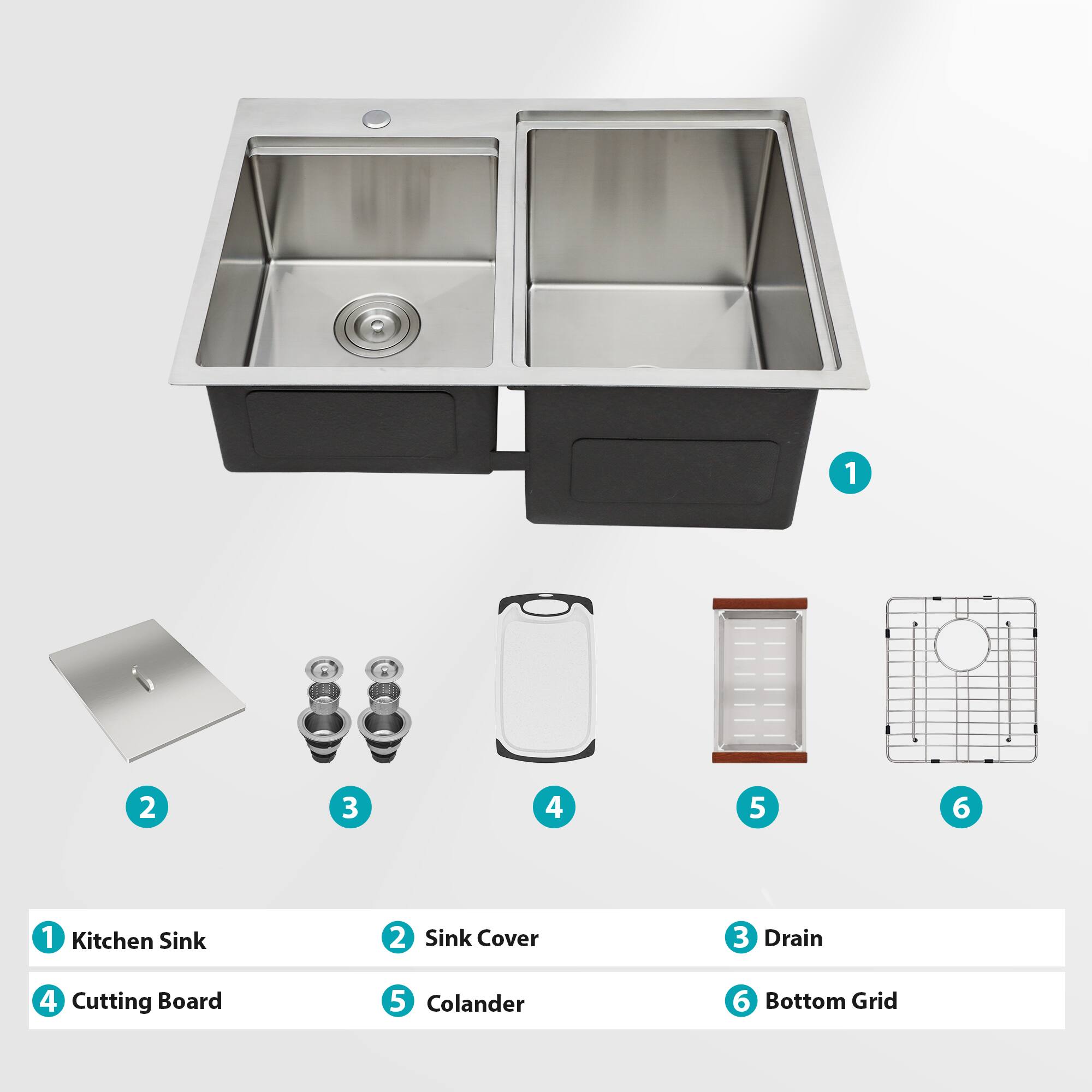 1. Kitchen Sink  
2. Sink Cover  
3. Drain  
4. Cutting Board  
5. Colander  
6. Bottom Grid