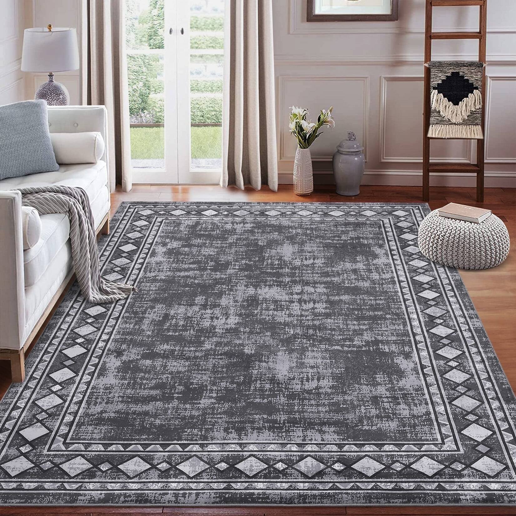 Front. Homhougo - 9x12 Geometric Bordered Area Rug Non-Slip Washable Low Pile Stain Resistant Carpet for Living Room Farmhouse Gray - Gray.