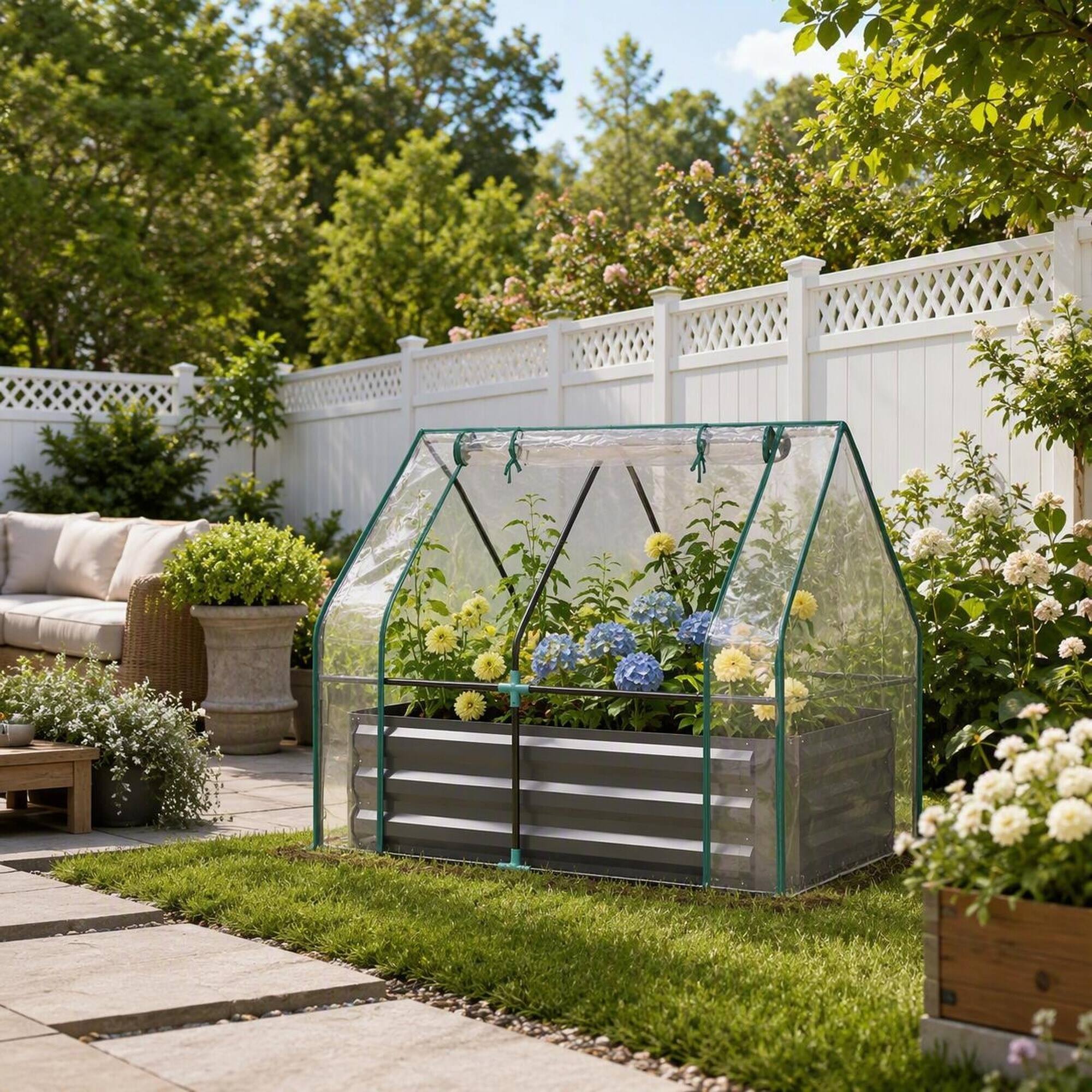 Back. RYHNUYNE - 2-in-1 Raised Garden Bed with Greenhouse Cover Galvanized Steel Planter Box with Clear PE Shield for Outdoor Patio - Clear,Dark Gray.