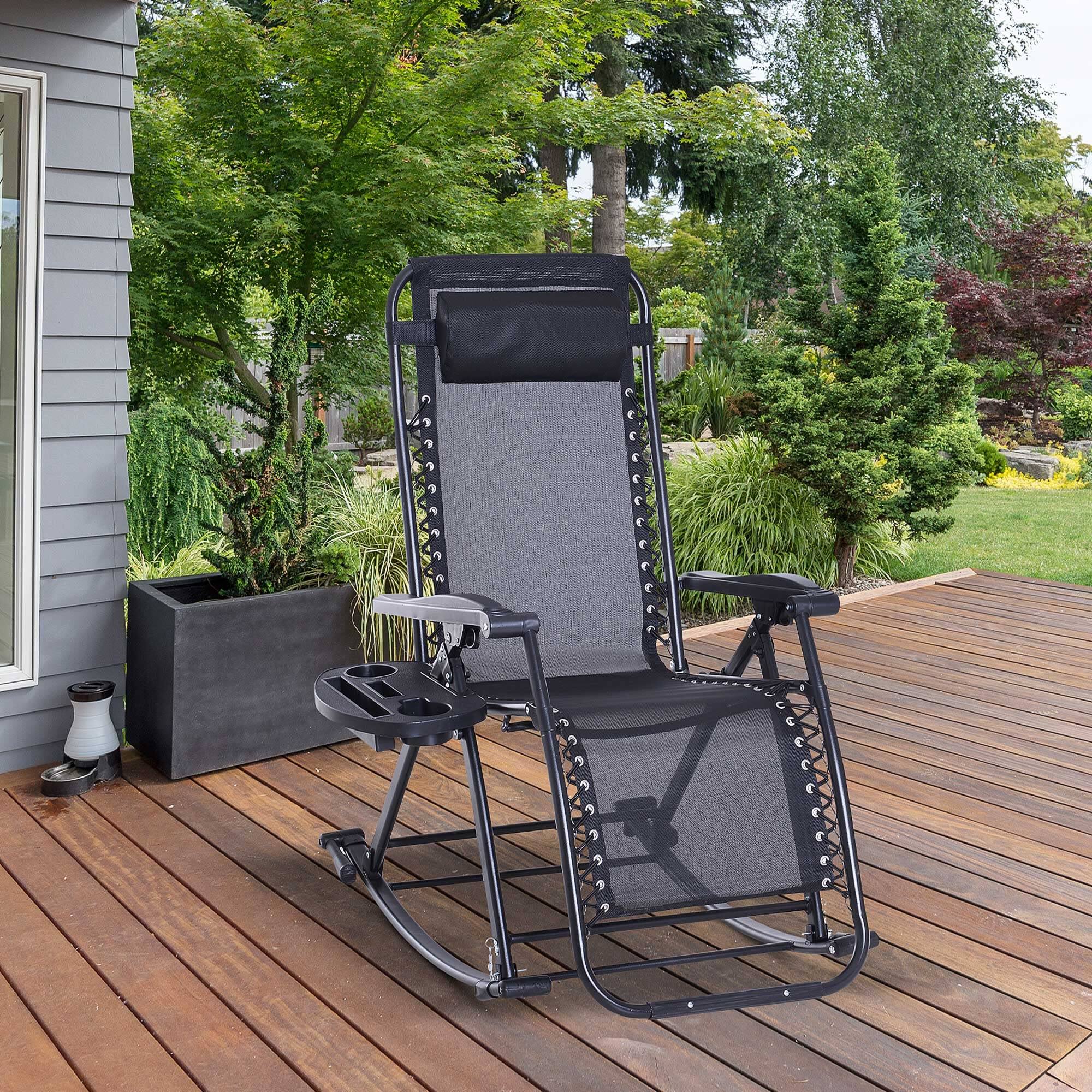 Alt View 1. Ecooso - Outdoor Foldable Reclining Rocking Chair with Pillow and Cup Holder - Black.