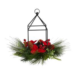 BreeBe - 14” Christmas Poinsettia and Berry Metal Candle Holder - Multicolor