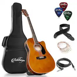 Ashthorpe - Full-Size Cutaway Thinline Acoustic-Electric Guitar w/ Gig Bag and EQ - Brown