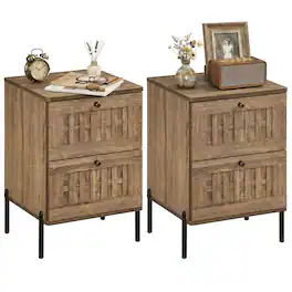 Gymax - 2PCS-Nightstand w/2 Woven Storage DrawersMetal Support LegsBedroomRustic Oak - Yellow