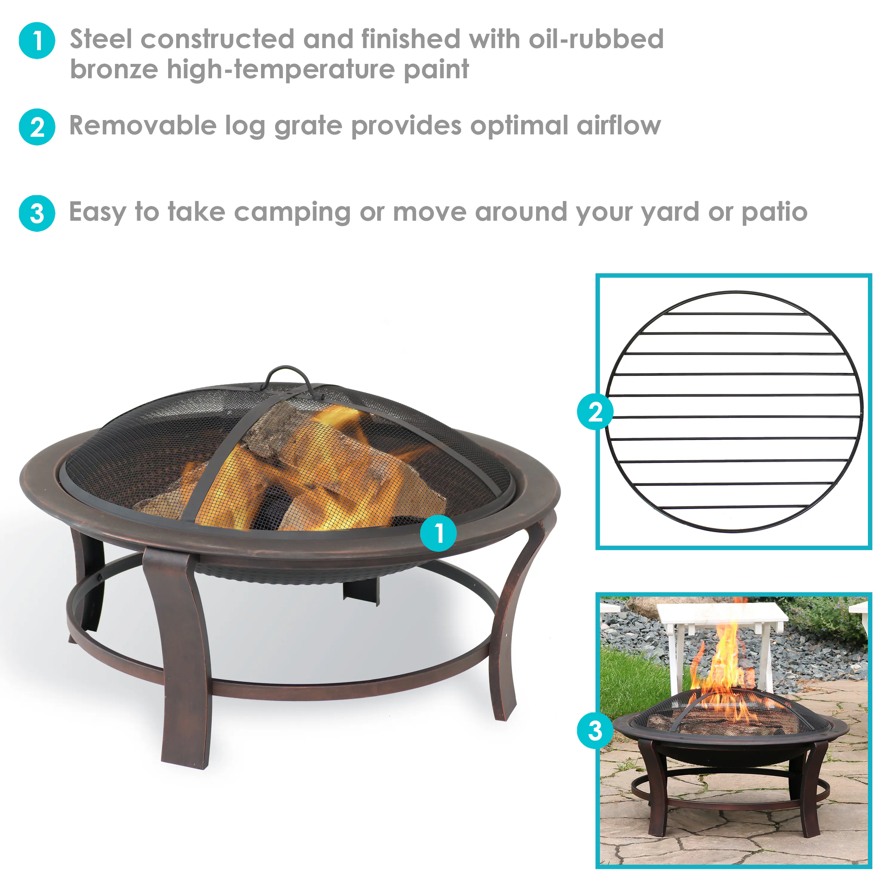 1. Steel constructed and finished with oil-rubbed bronze high-temperature paint
2. Removable log grate provides optimal airflow
3. Easy to take camping or move around your yard or patio