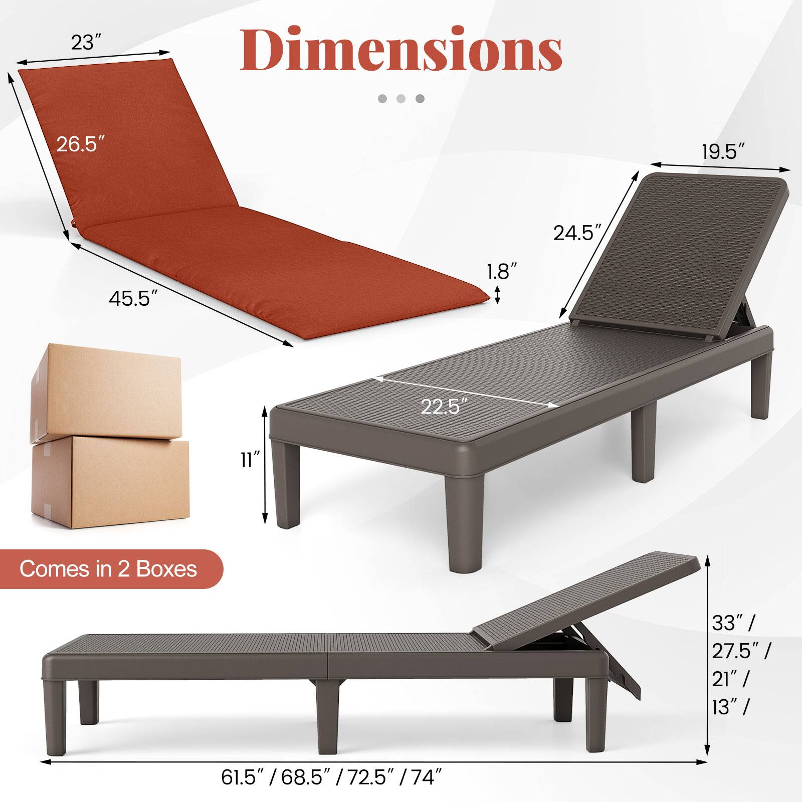 23" Dimensions ... 26.5" 19.5" 24.5" 45.5" 1.8" 22.5" 11" Comes in 2 Boxes 33" / 27.5" / 21" / 13" / 61.5" / 68.5" / 72.5" / 74"