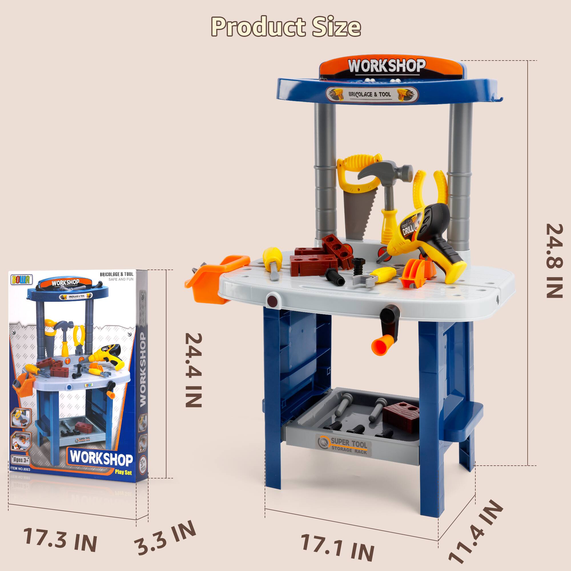 Product Size

WORKSHOP  
Bricolage & Tool  
- Height: 24.8 IN  
- Width: 24.4 IN  
- Depth: 17.1 IN  
- Box Size: 17.3 IN x 3.3 IN