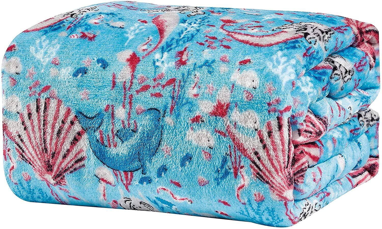 Left. Noble House - Extra Plush and Comfy Microplush Throw Blanket 50" x 60" -  Mermaid Paradise - mermaid.