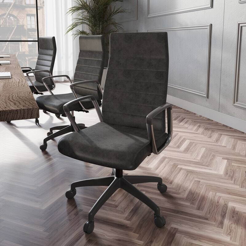 Angle. LeisureMod - Hilton High-Back Adjustable Office Desk Chair Upholstered in Leather with Steel Frame, Swivel, and Ergonomic Support - Charcoal.