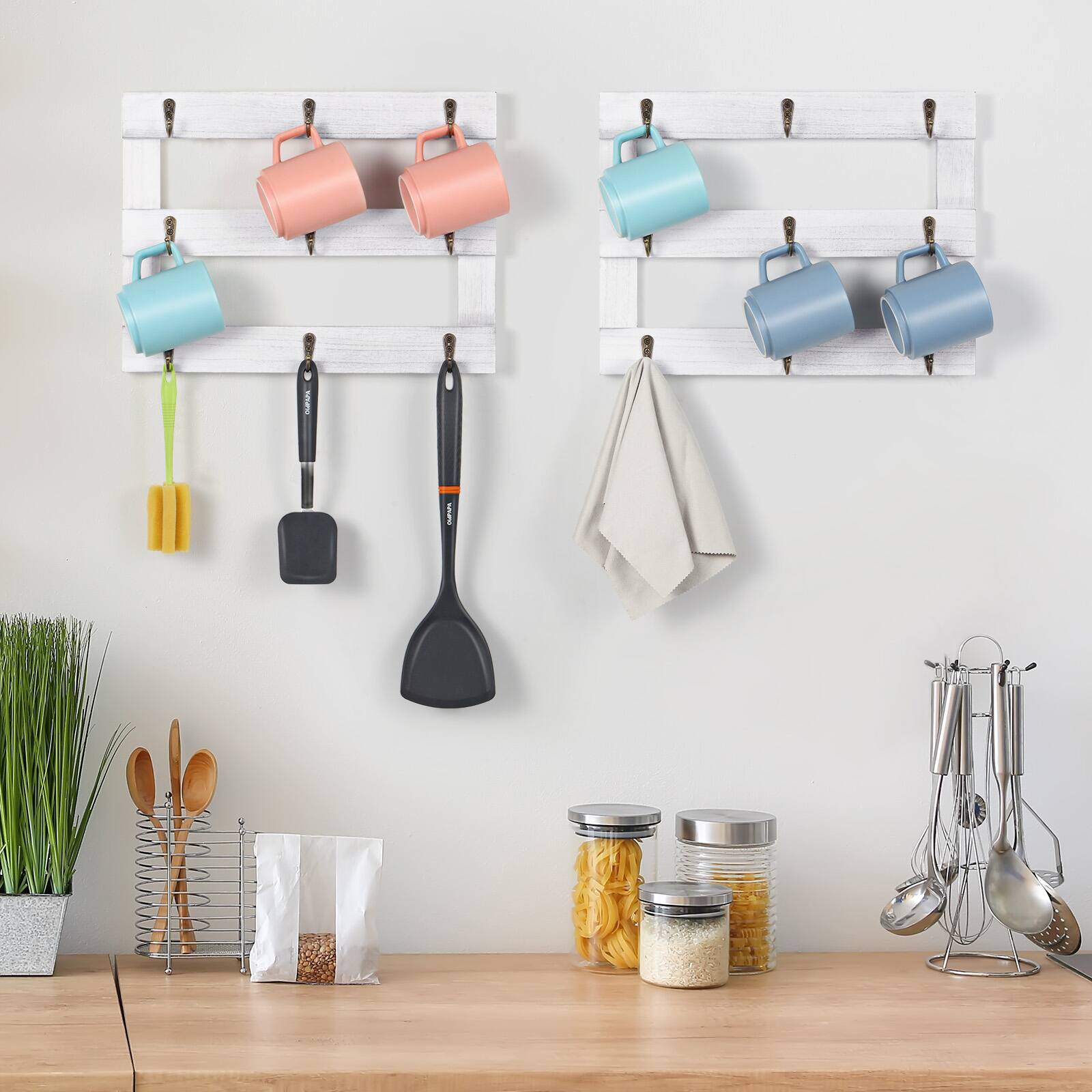 Alt View 1. Oumilen - White Wood Wall Mounted Mug Rack – 2 Pack Coffee Cup Holder with Metal Hooks for Kitchen Wall Storage - White.